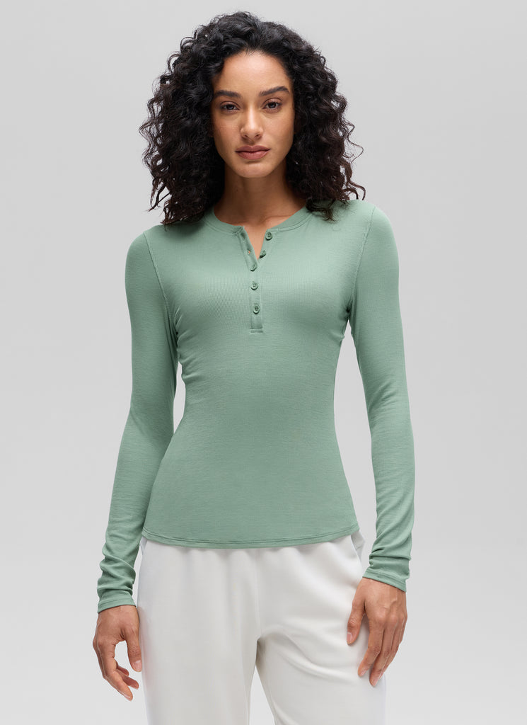 CRZ YOGA Womens Fitted Casual Ribbed Modal Henley Shirts Long Sleeves Green Palm Court