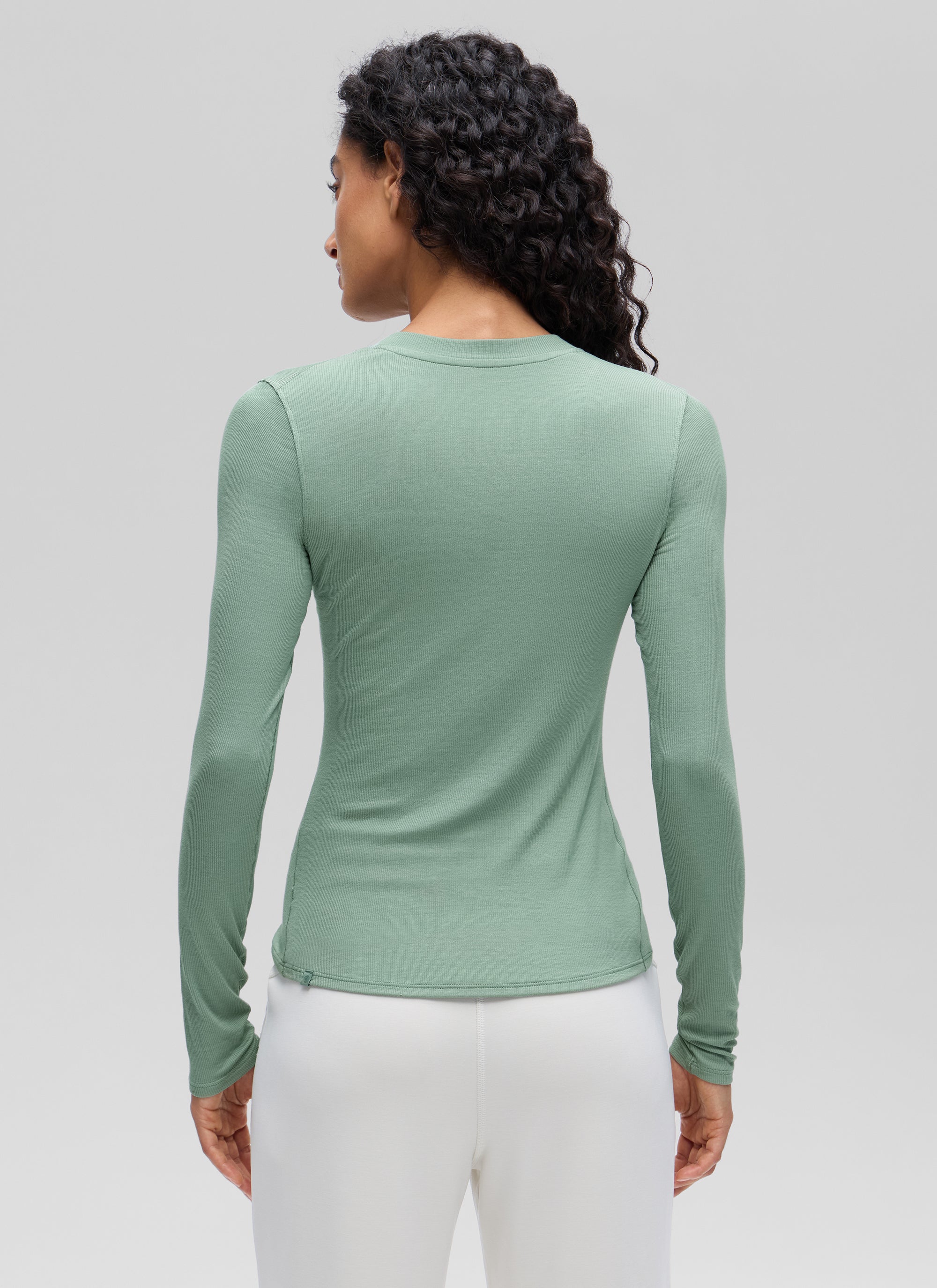CRZ YOGA Womens Fitted Casual Ribbed Modal Henley Shirts Long Sleeves Green Palm Court
