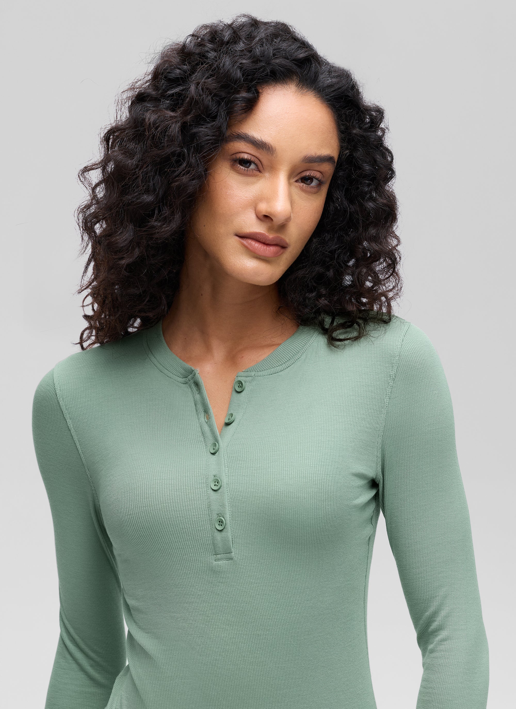 CRZ YOGA Womens Fitted Casual Ribbed Modal Henley Shirts Long Sleeves Green Palm Court