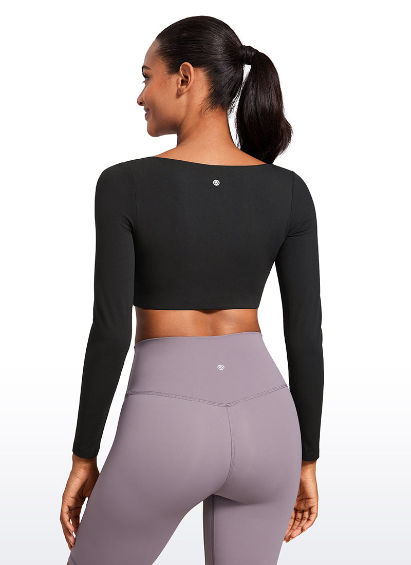 CRZ YOGA Women's Butterluxe Double Lined Long Sleeve V Neck Cropped Black @model_info:Lais