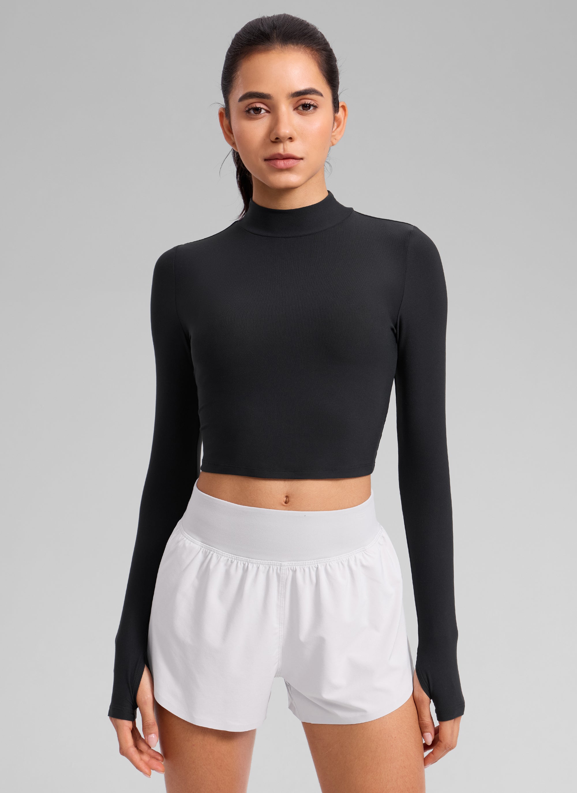 CRZ YOGA Women's Cloudweight Mock Neck Crop Tight Fit Long Sleeve Black