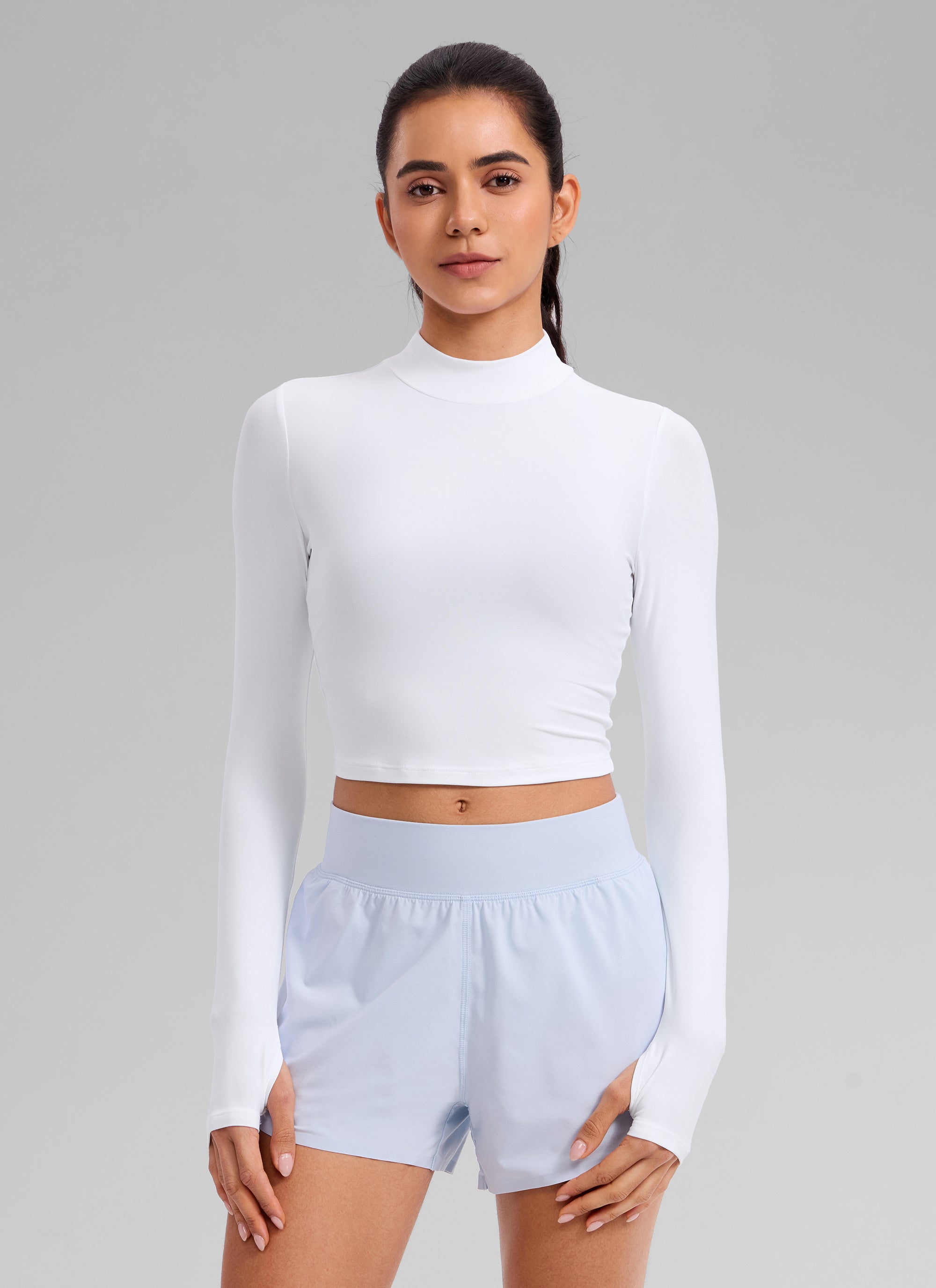 CRZ YOGA Women's Cloudweight Mock Neck Crop Tight Fit Long Sleeve White
