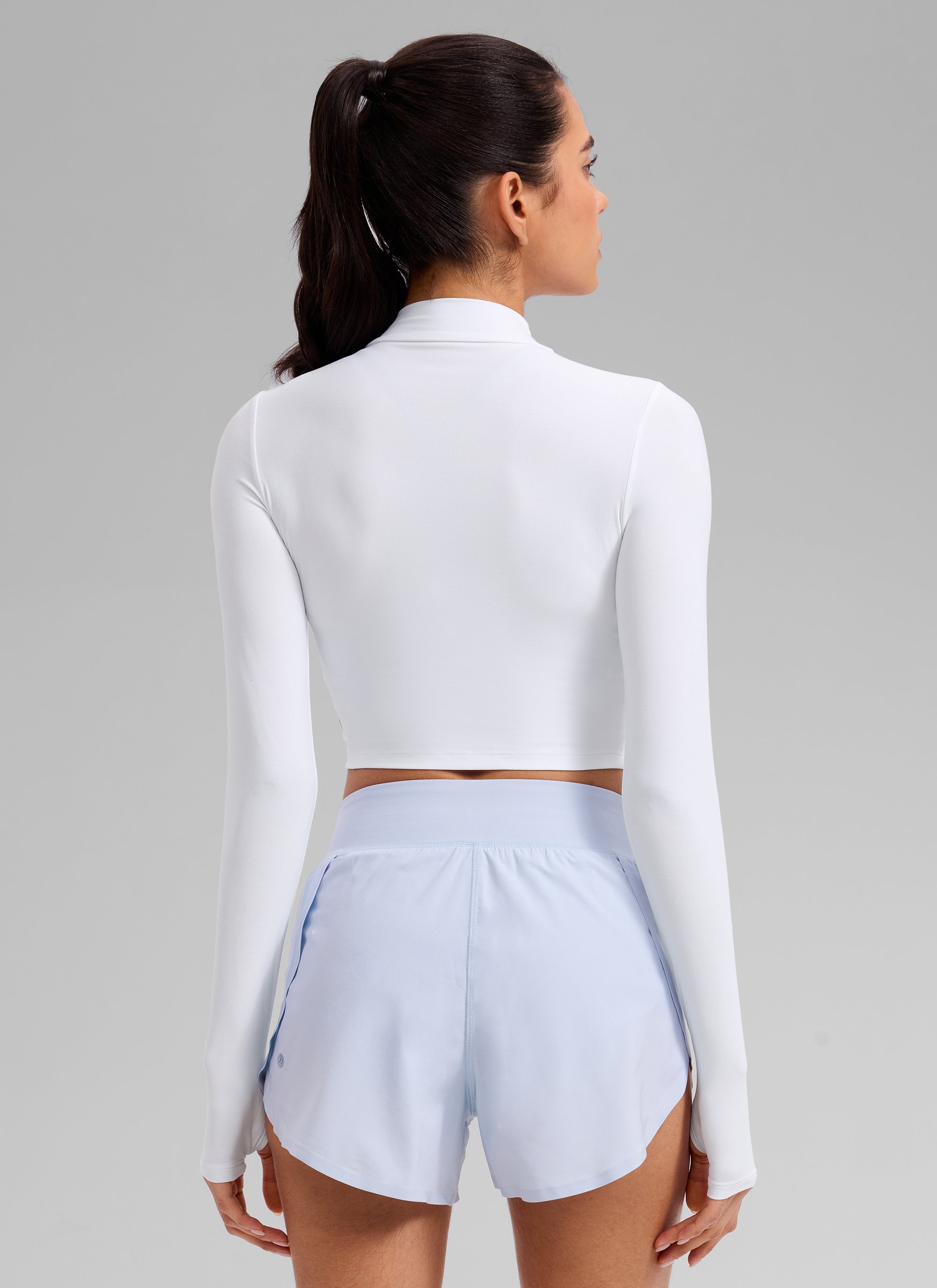 CRZ YOGA Women's Cloudweight Mock Neck Crop Tight Fit Long Sleeve White