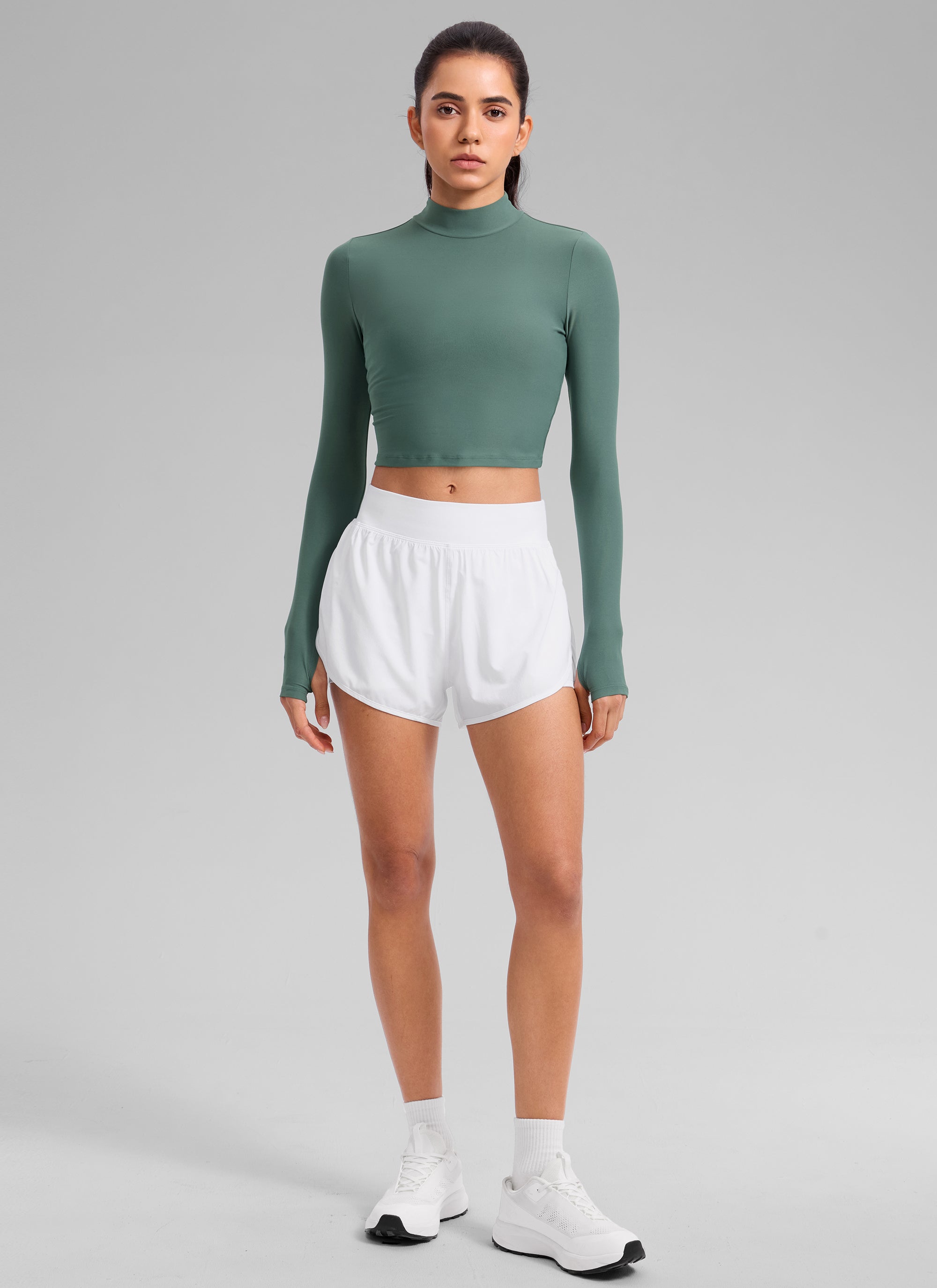 CRZ YOGA Women's Cloudweight Mock Neck Crop Tight Fit Long Sleeve Graphite Green