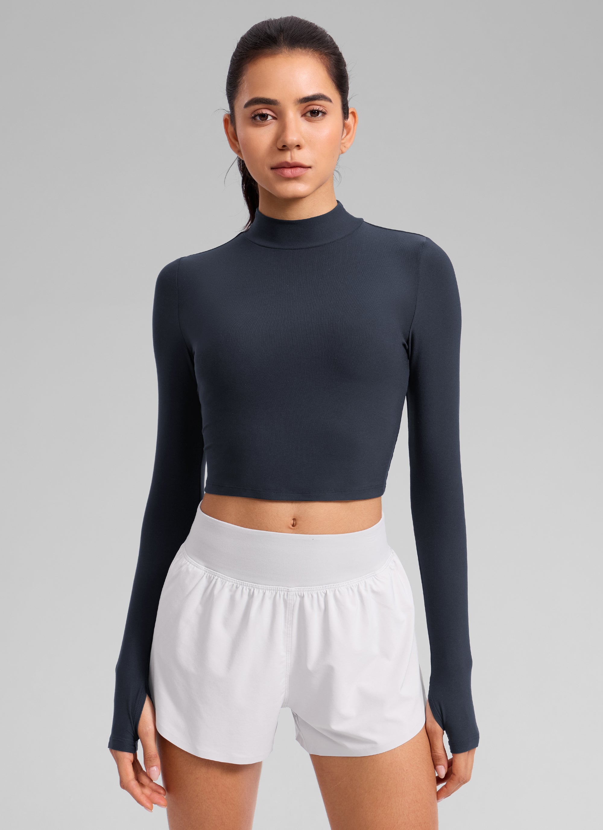CRZ YOGA Women's Cloudweight Mock Neck Crop Tight Fit Long Sleeve True Navy