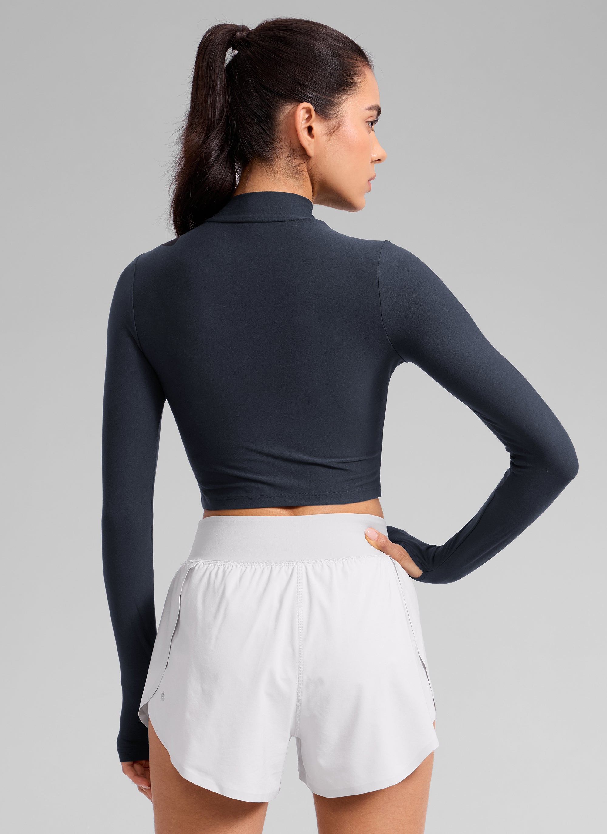 CRZ YOGA Women's Cloudweight Mock Neck Crop Tight Fit Long Sleeve True Navy