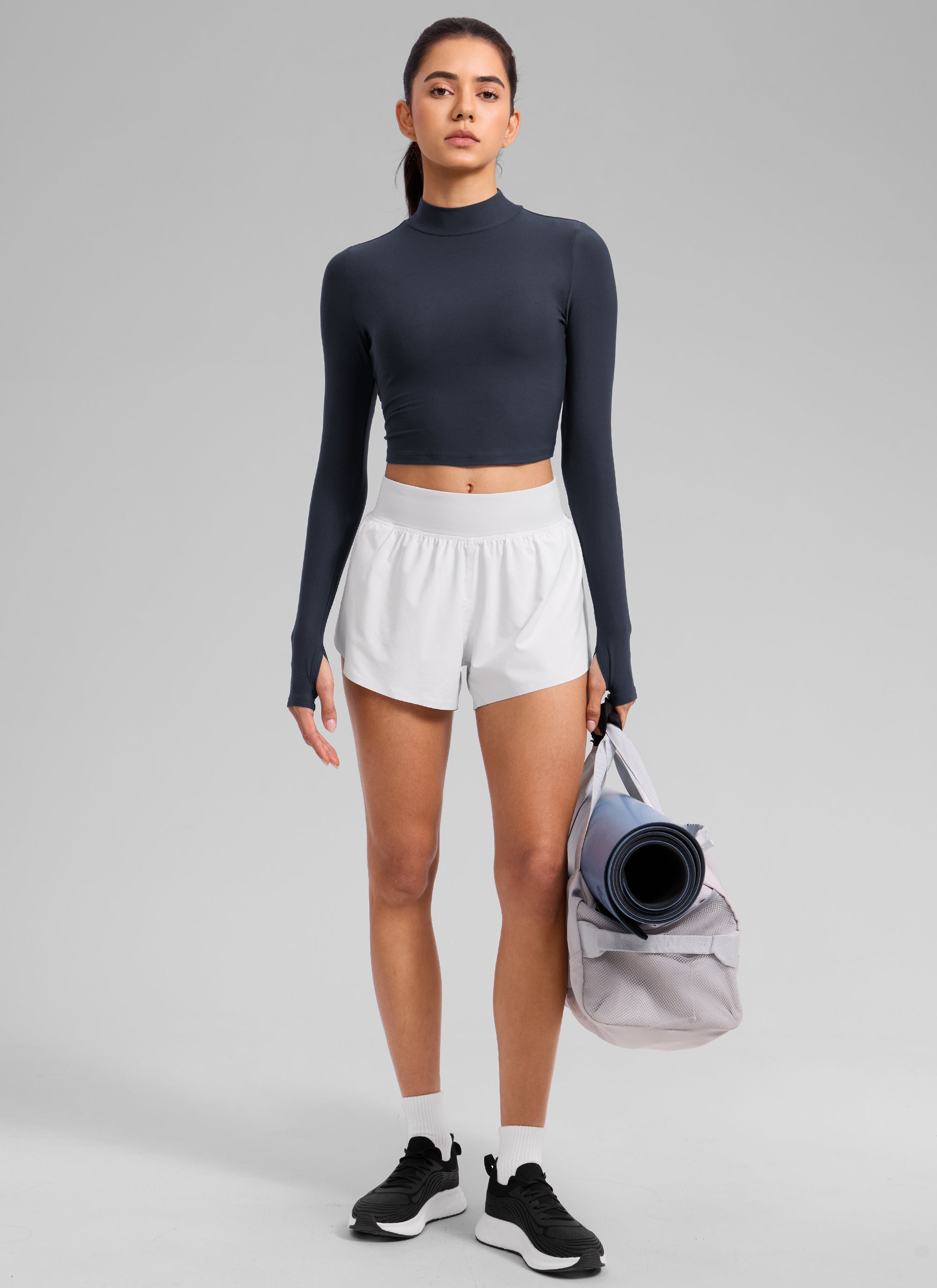 CRZ YOGA Women's Cloudweight Mock Neck Crop Tight Fit Long Sleeve True Navy