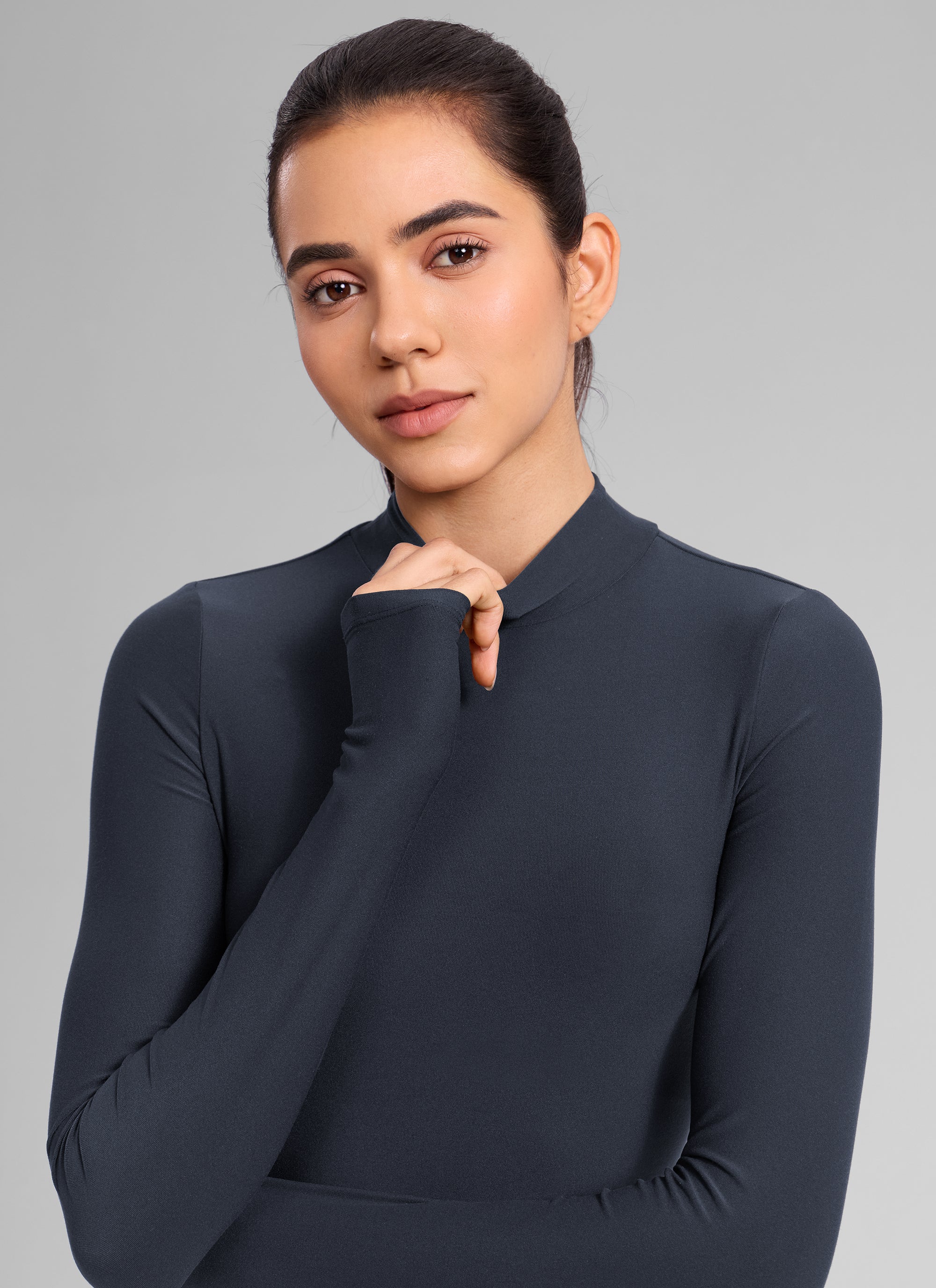 CRZ YOGA Women's Cloudweight Mock Neck Crop Tight Fit Long Sleeve True Navy