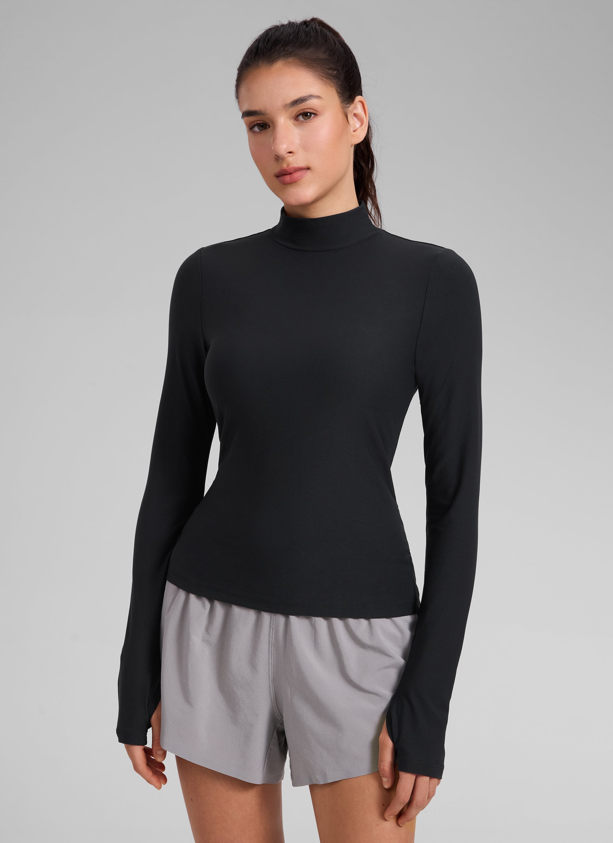 CRZ YOGA Women's Cloudweight Workout Mock Neck Hip Length Long Sleeves Black
