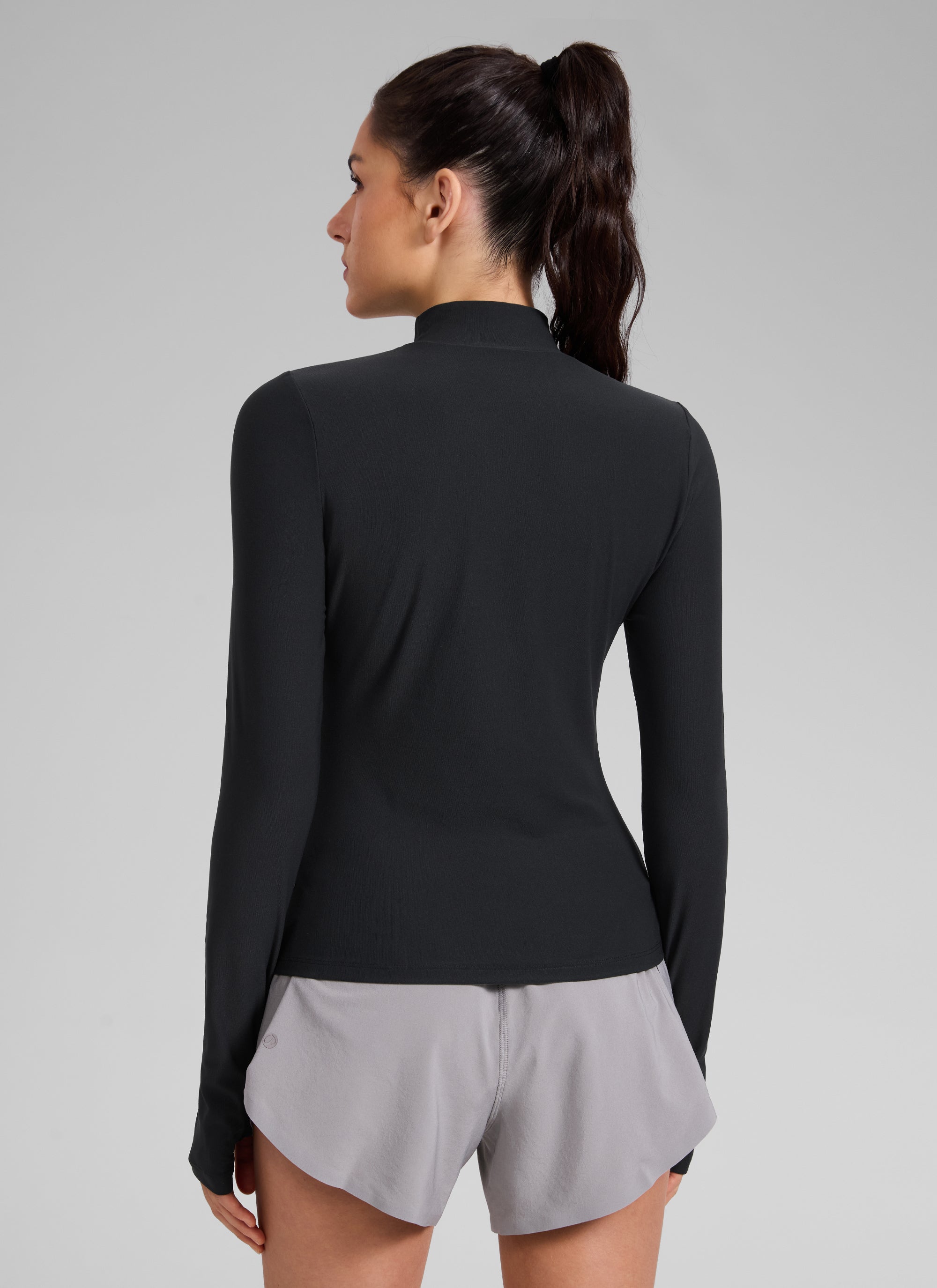 CRZ YOGA Women's Cloudweight Workout Mock Neck Hip Length Long Sleeves Black