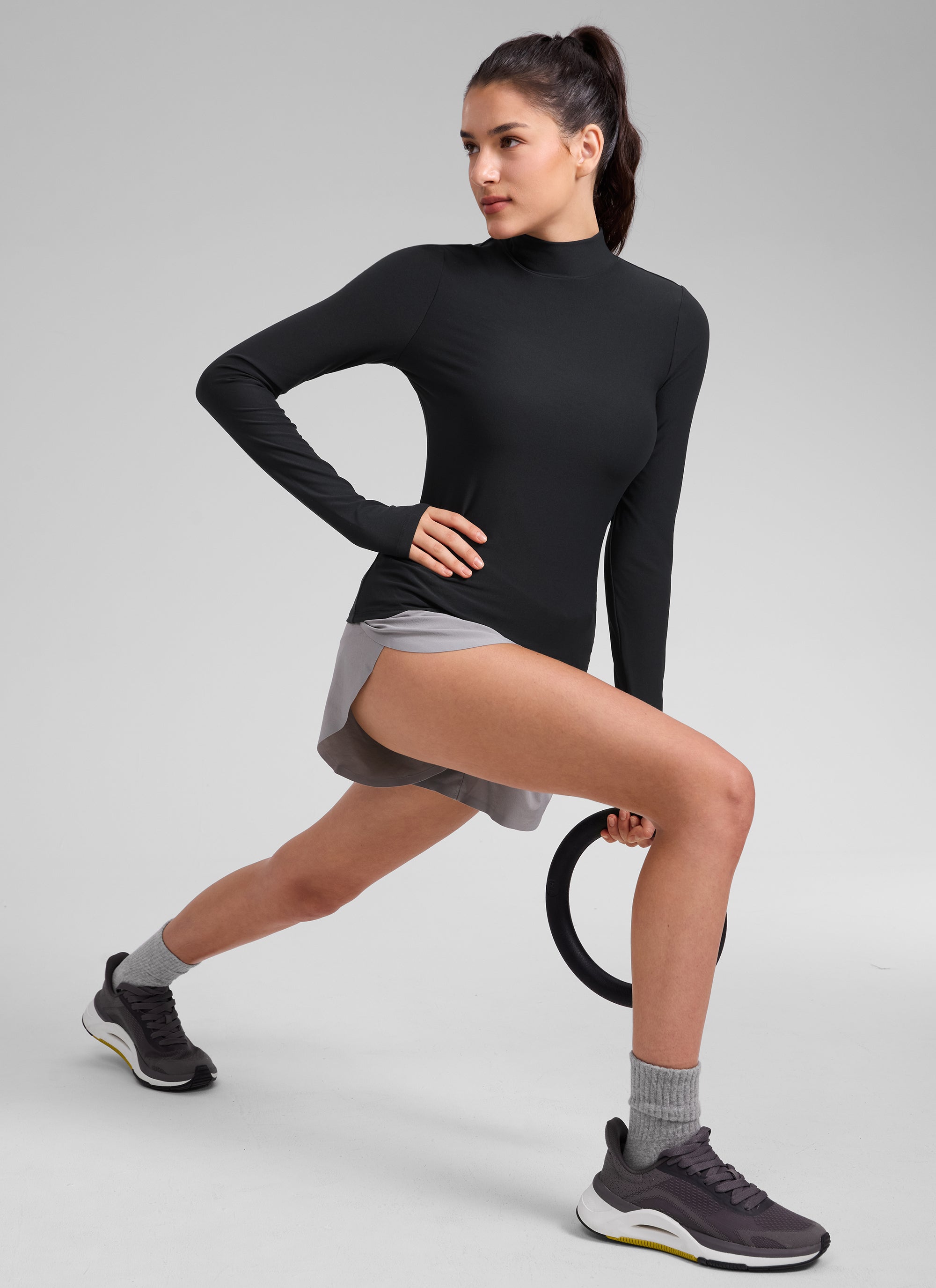 CRZ YOGA Women's Cloudweight Workout Mock Neck Hip Length Long Sleeves Black