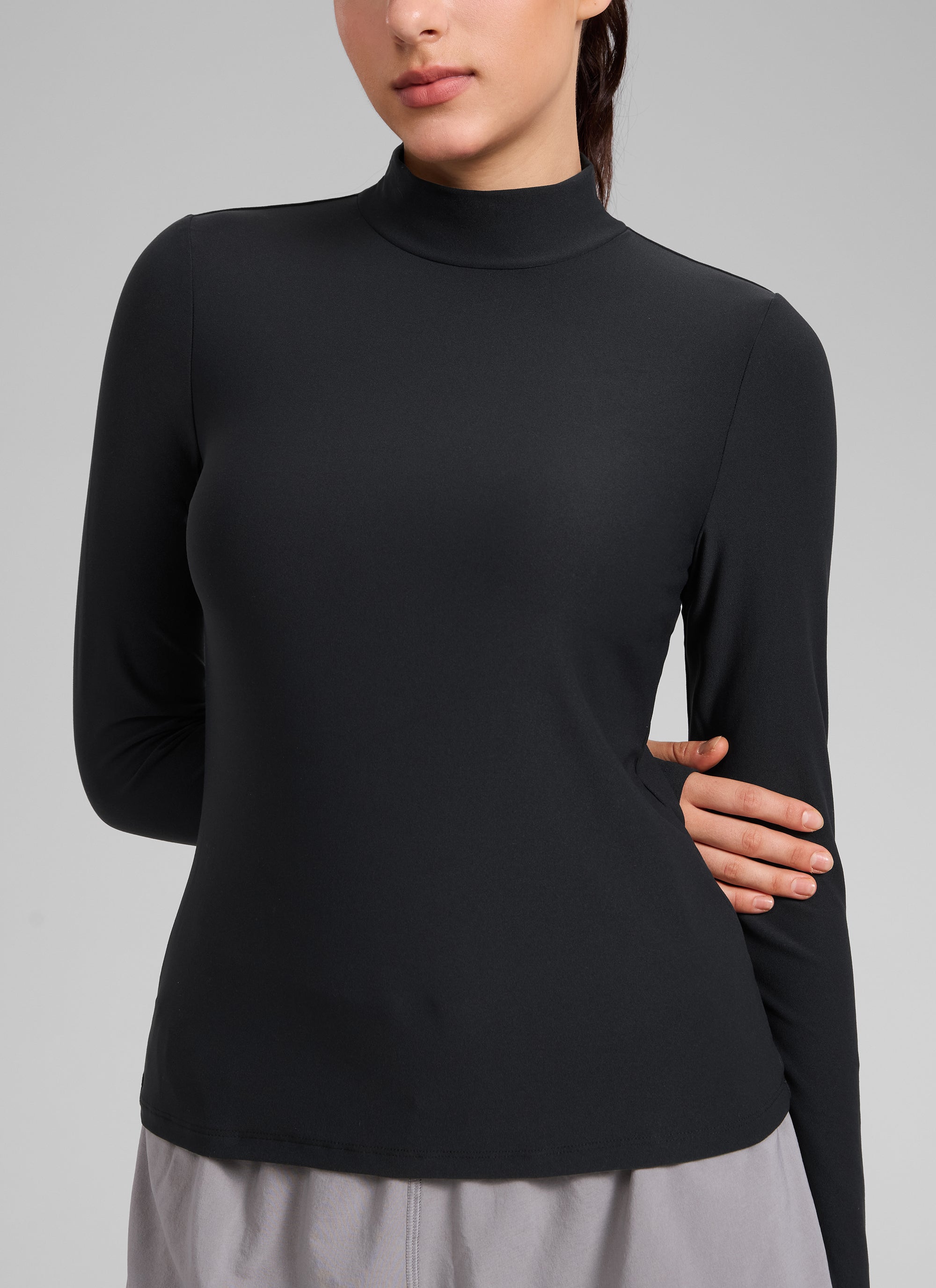 CRZ YOGA Women's Cloudweight Workout Mock Neck Hip Length Long Sleeves Black