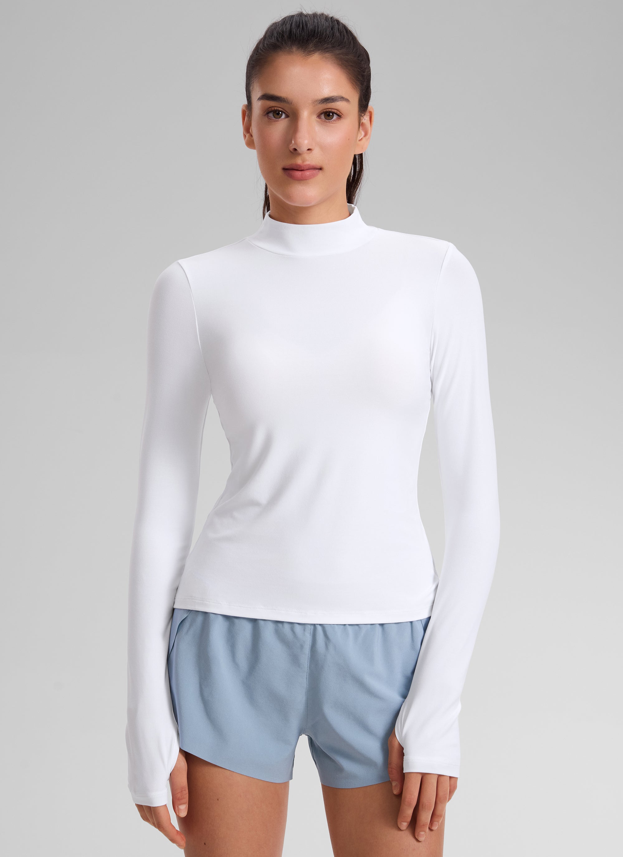 CRZ YOGA Women's Cloudweight Workout Mock Neck Hip Length Long Sleeves White
