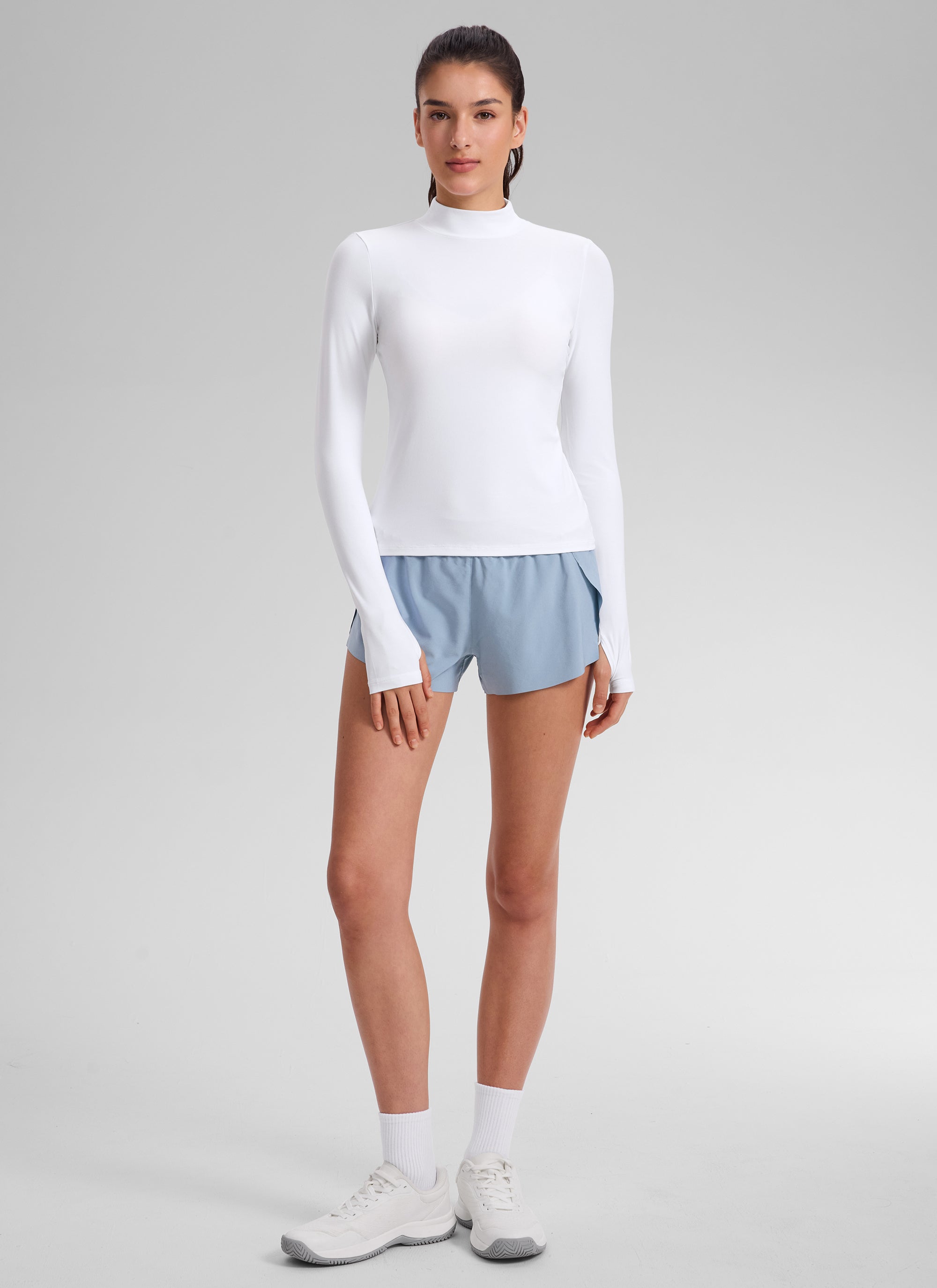 CRZ YOGA Women's Cloudweight Workout Mock Neck Hip Length Long Sleeves White