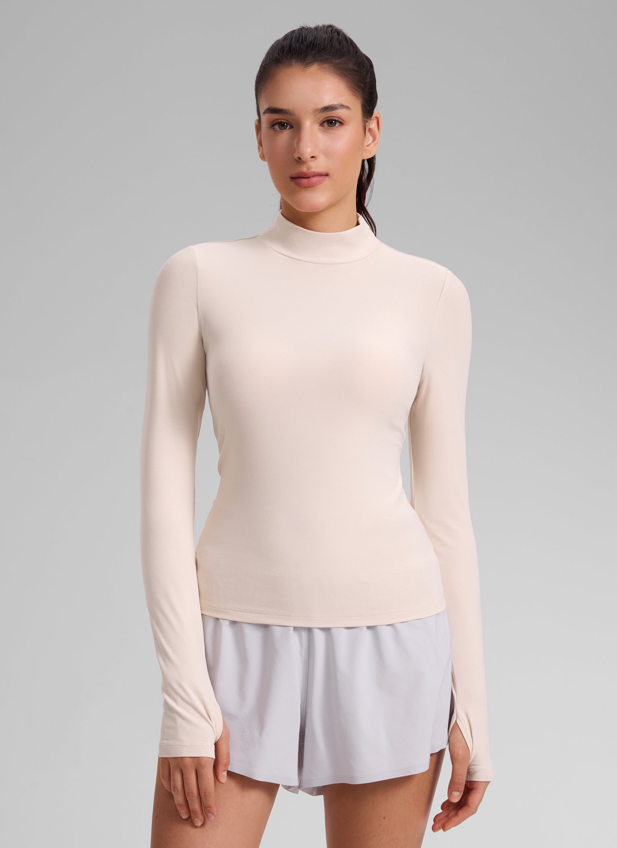 CRZ YOGA Women's Cloudweight Workout Mock Neck Hip Length Long Sleeves White Opal