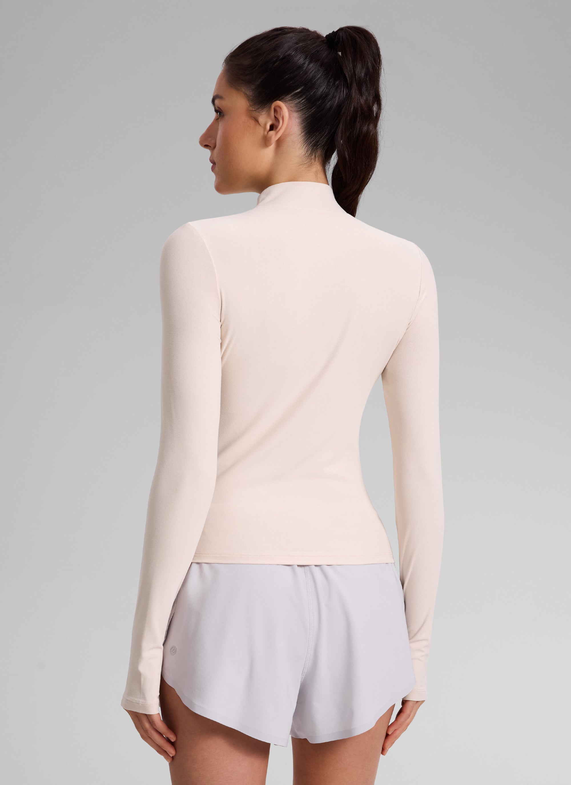 CRZ YOGA Women's Cloudweight Workout Mock Neck Hip Length Long Sleeves White Opal