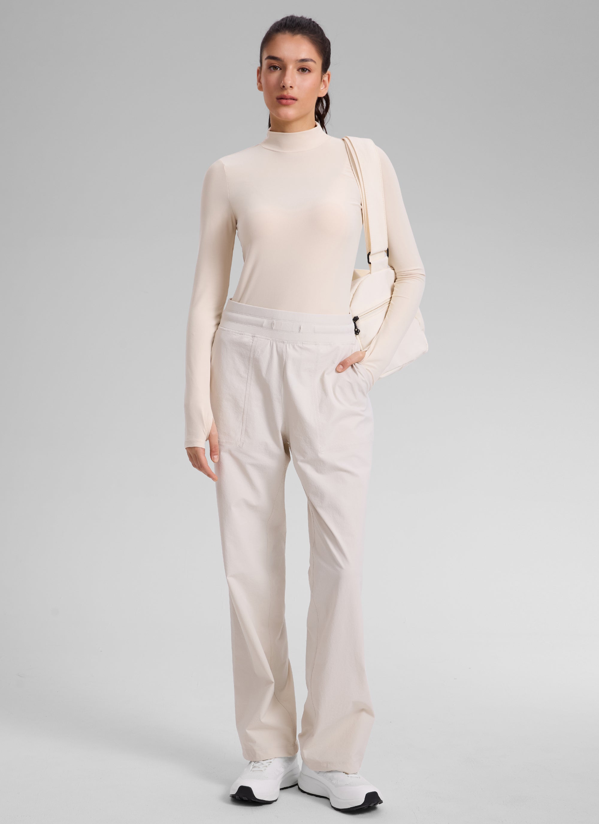 CRZ YOGA Women's Cloudweight Workout Mock Neck Hip Length Long Sleeves White Opal