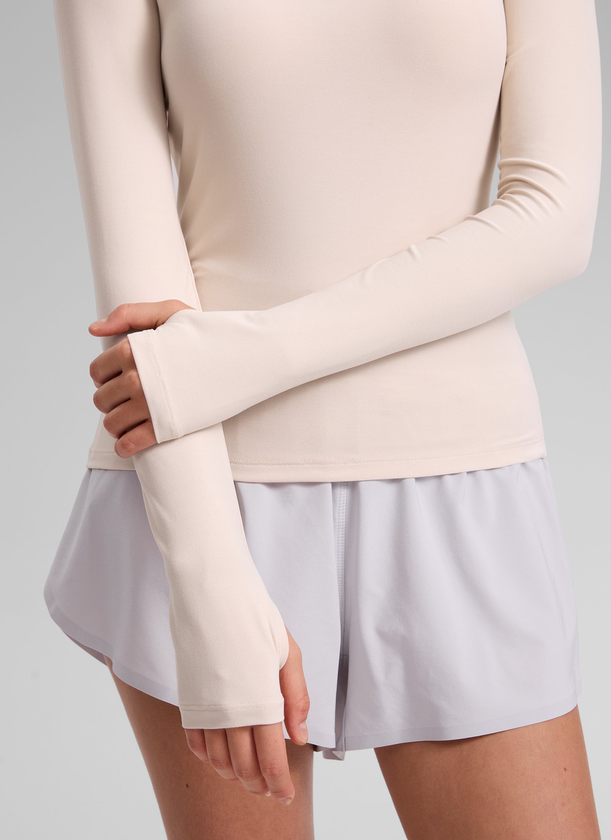 CRZ YOGA Women's Cloudweight Workout Mock Neck Hip Length Long Sleeves White Opal