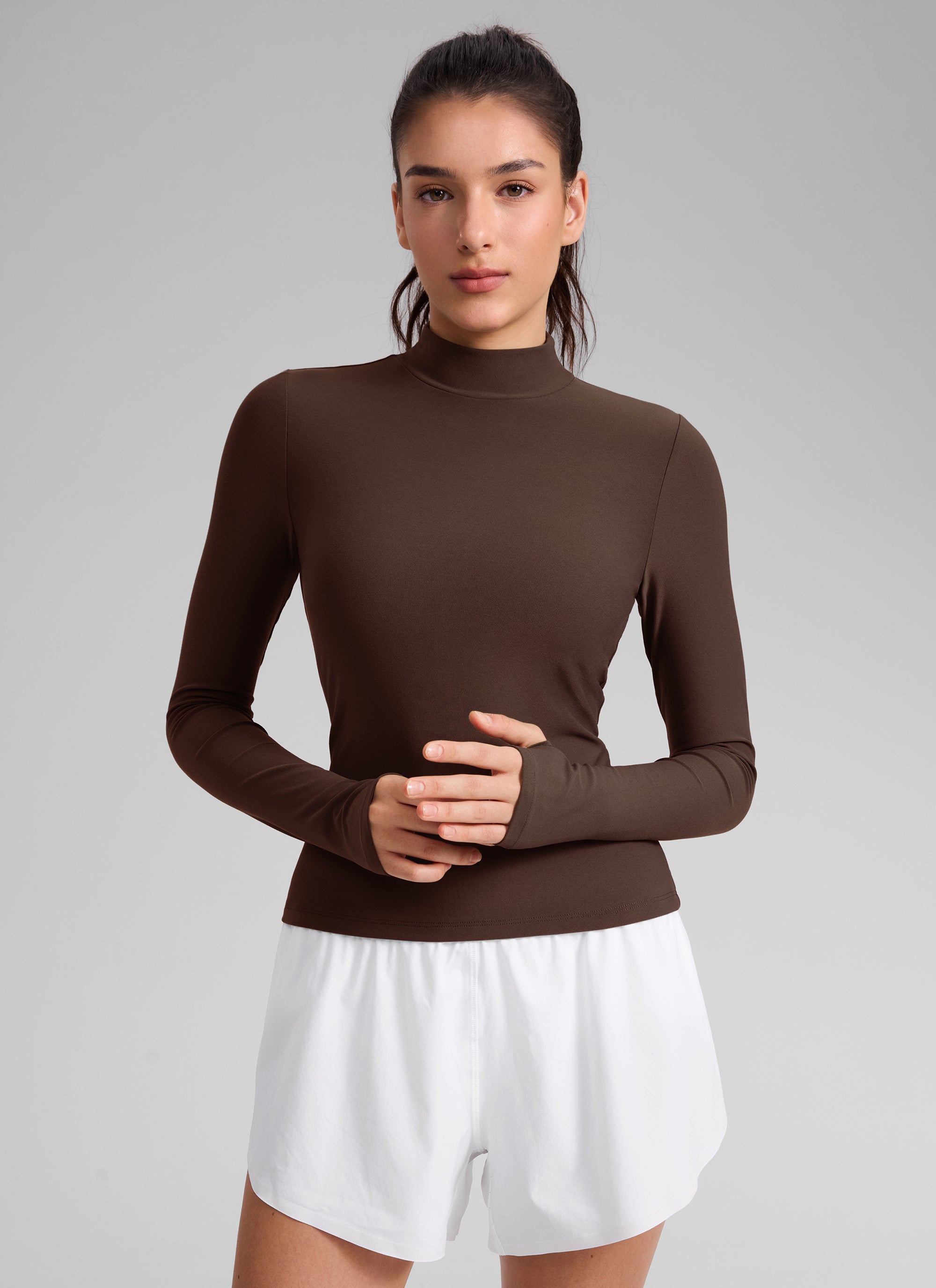 CRZ YOGA Women's Cloudweight Workout Mock Neck Hip Length Long Sleeves Coffee Brown