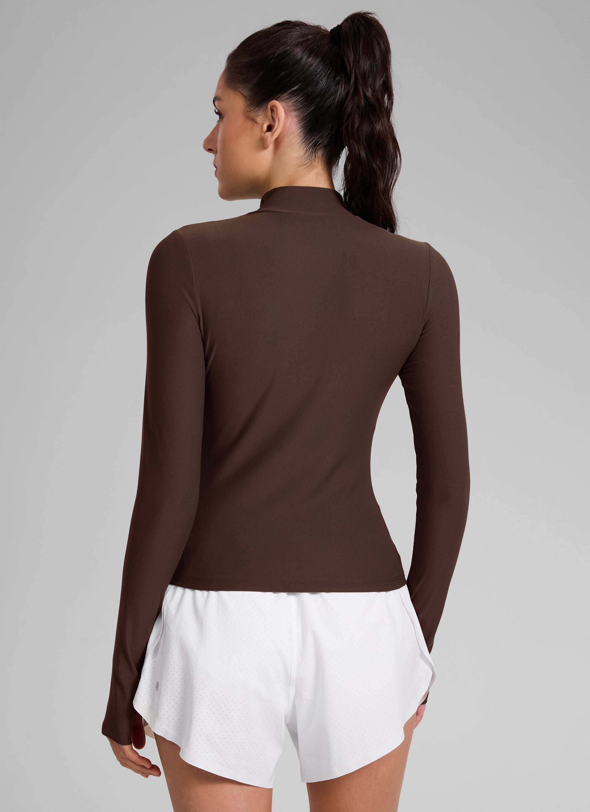 CRZ YOGA Women's Cloudweight Workout Mock Neck Hip Length Long Sleeves Coffee Brown