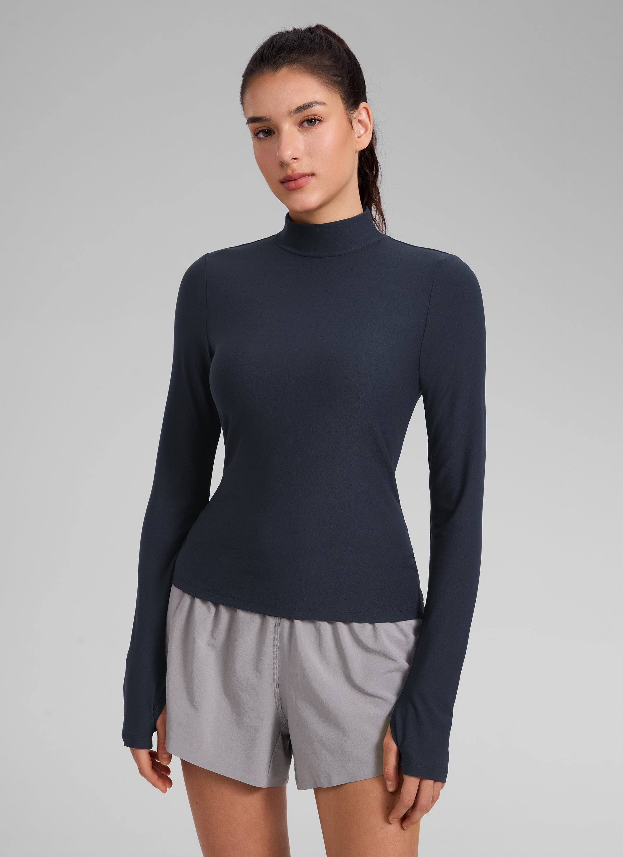 CRZ YOGA Women's Cloudweight Workout Mock Neck Hip Length Long Sleeves True Navy