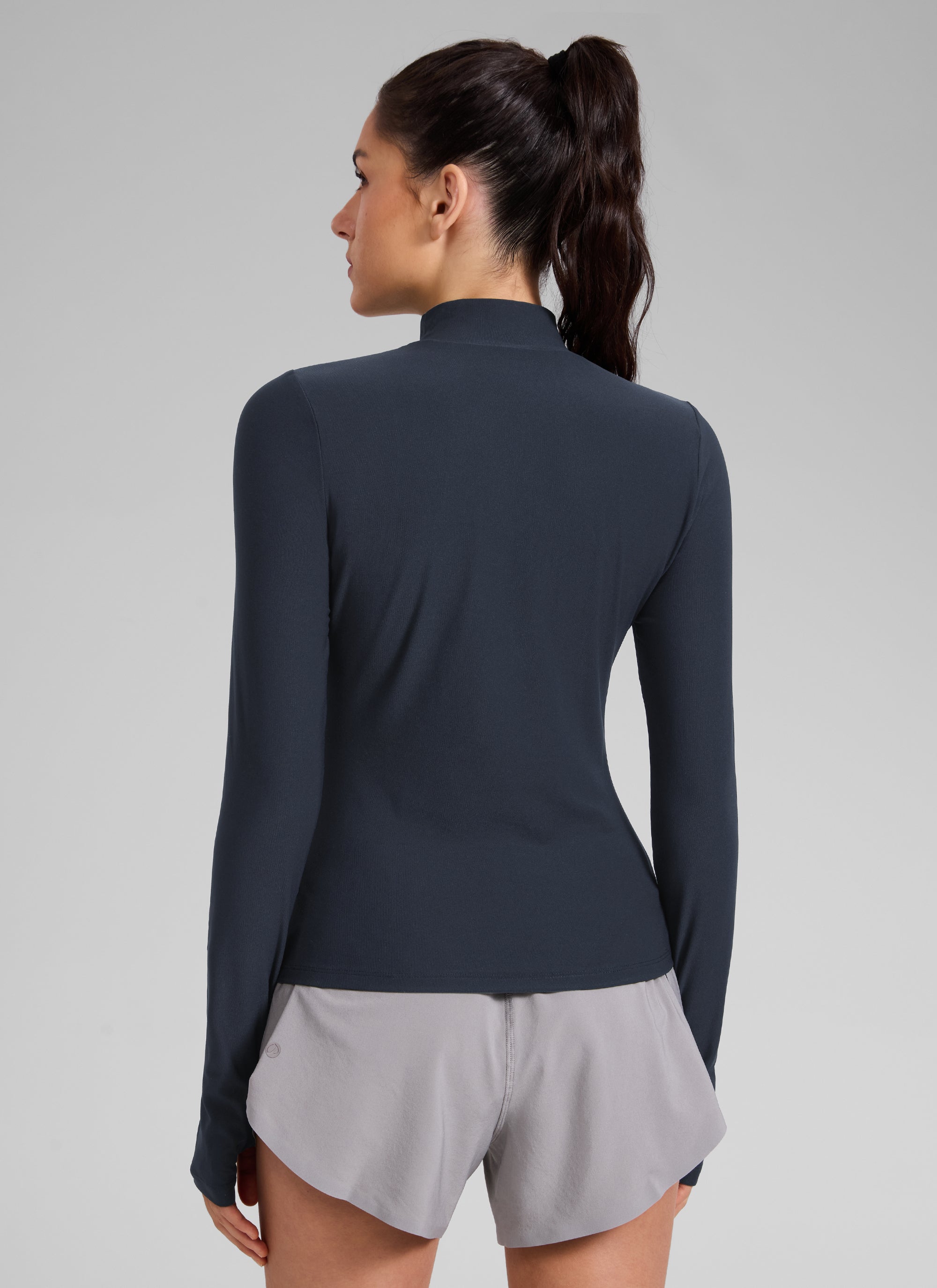 CRZ YOGA Women's Cloudweight Workout Mock Neck Hip Length Long Sleeves True Navy