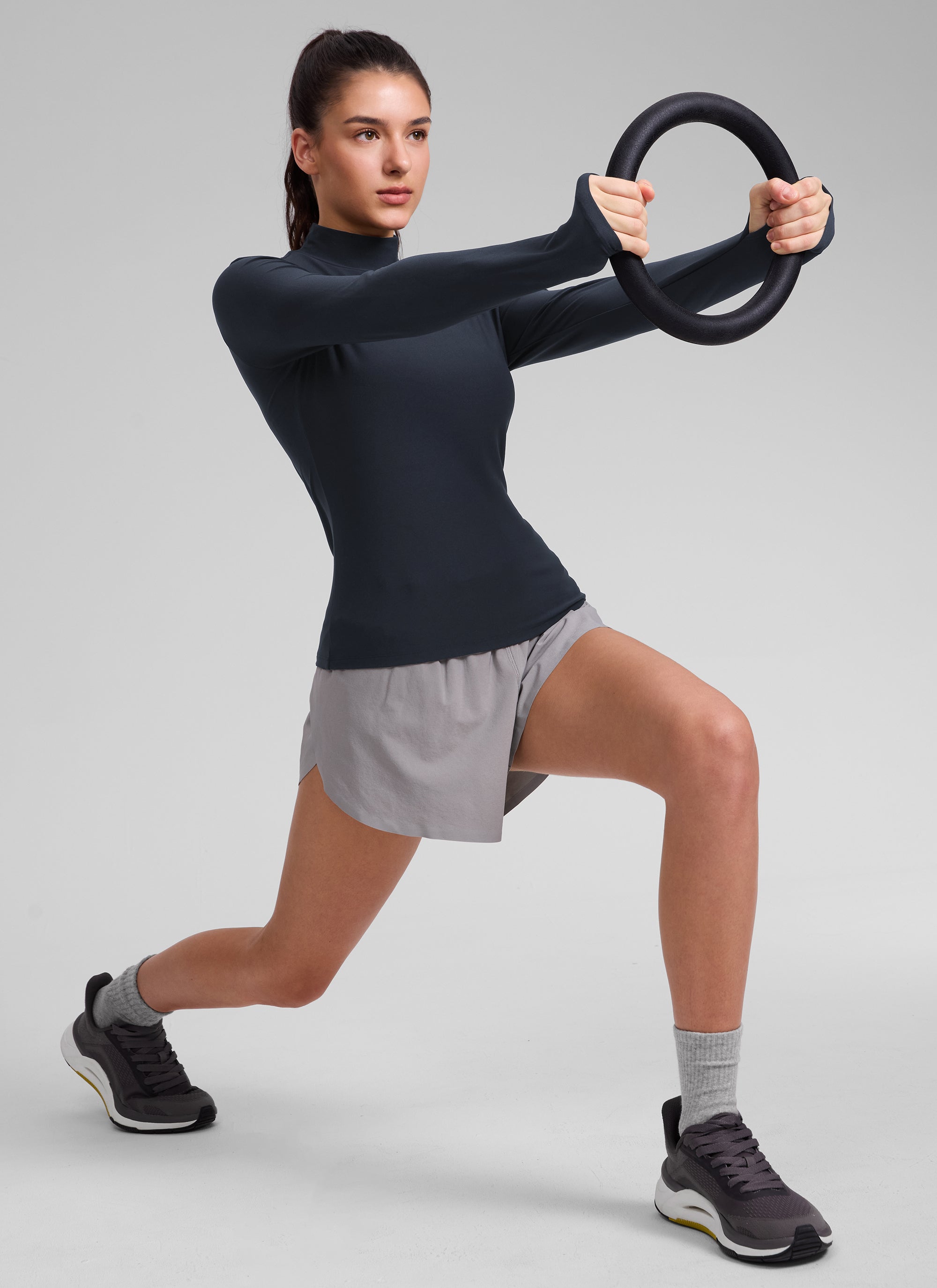 CRZ YOGA Women's Cloudweight Workout Mock Neck Hip Length Long Sleeves True Navy