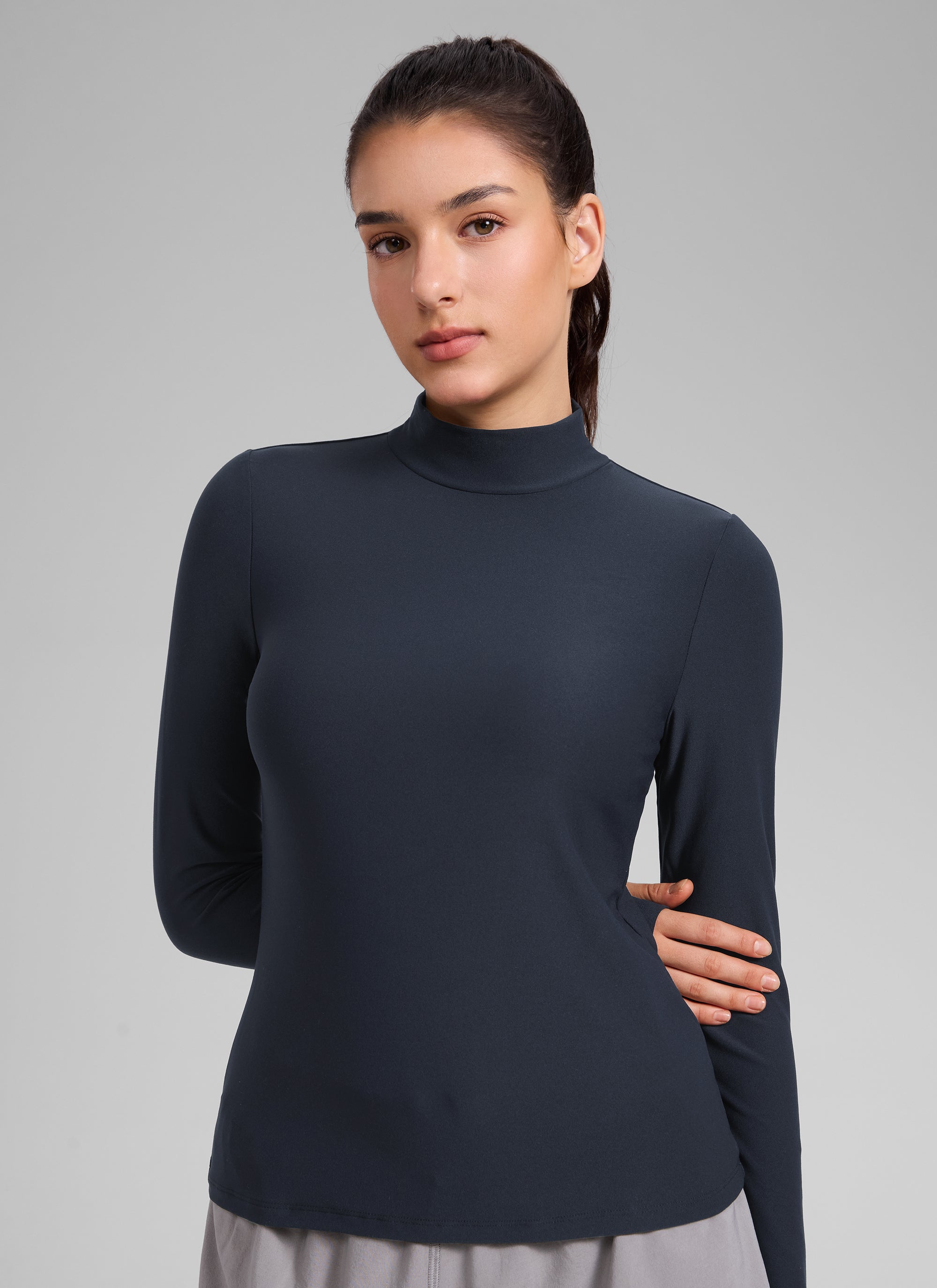 CRZ YOGA Women's Cloudweight Workout Mock Neck Hip Length Long Sleeves True Navy