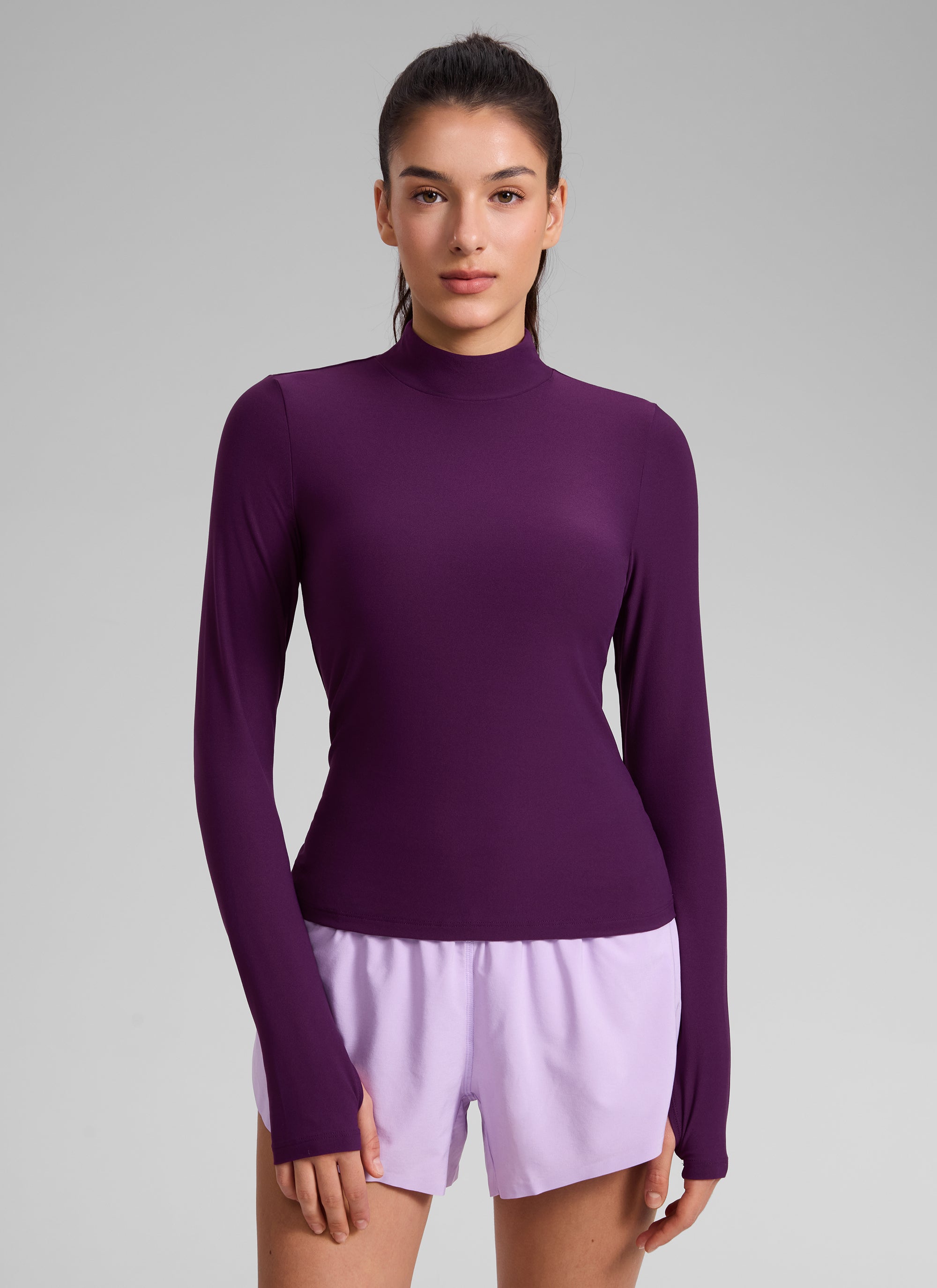 CRZ YOGA Women's Cloudweight Workout Mock Neck Hip Length Long Sleeves Plum Magenta