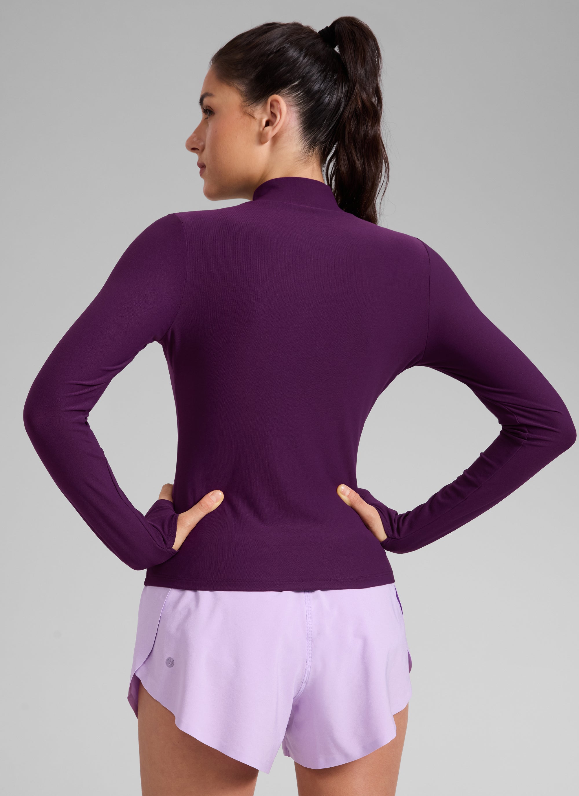 CRZ YOGA Women's Cloudweight Workout Mock Neck Hip Length Long Sleeves Plum Magenta