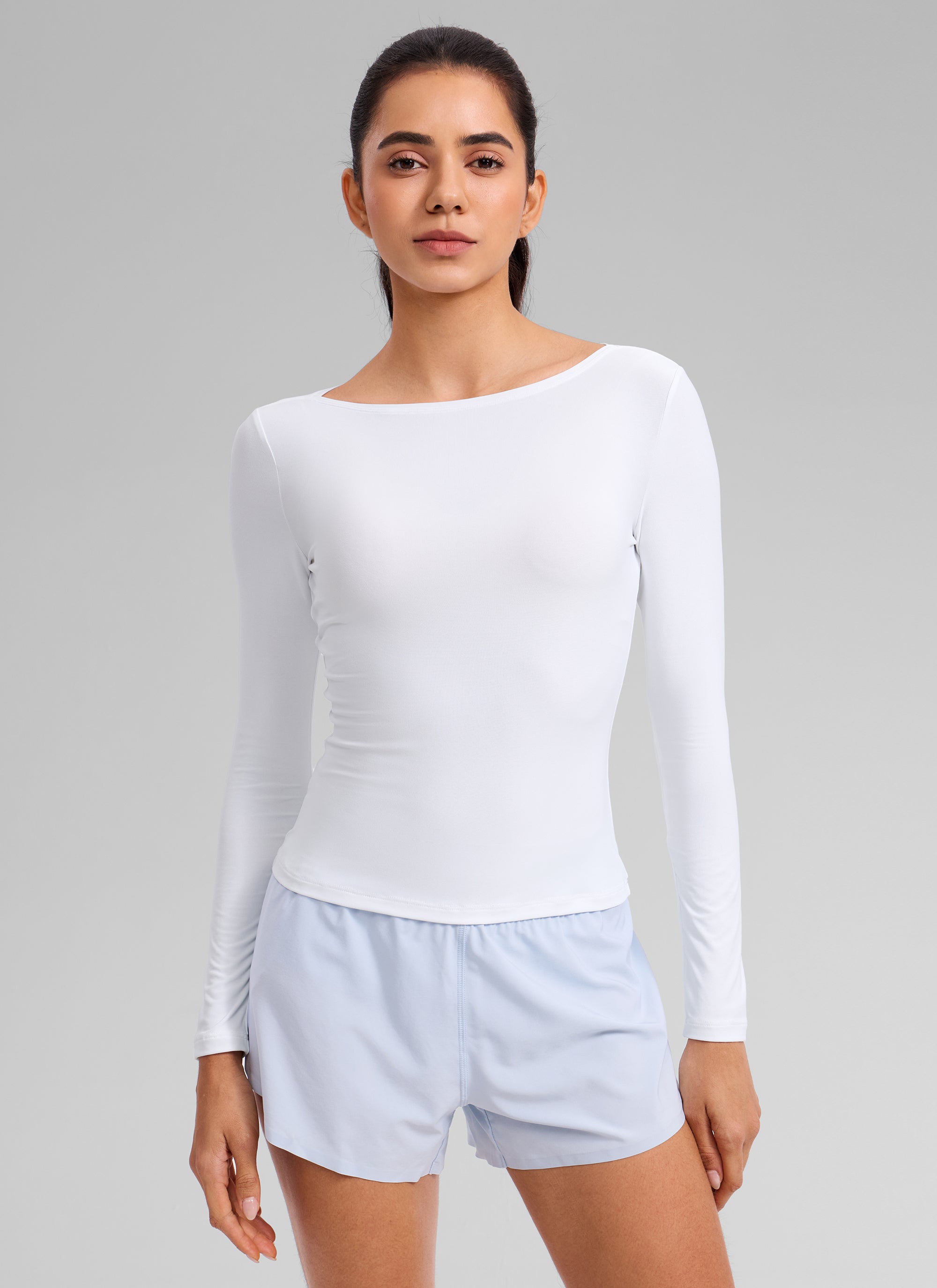 CRZ YOGA Women's Cloudweight Casual Boat Neck Tight Fit Long Sleeve White
