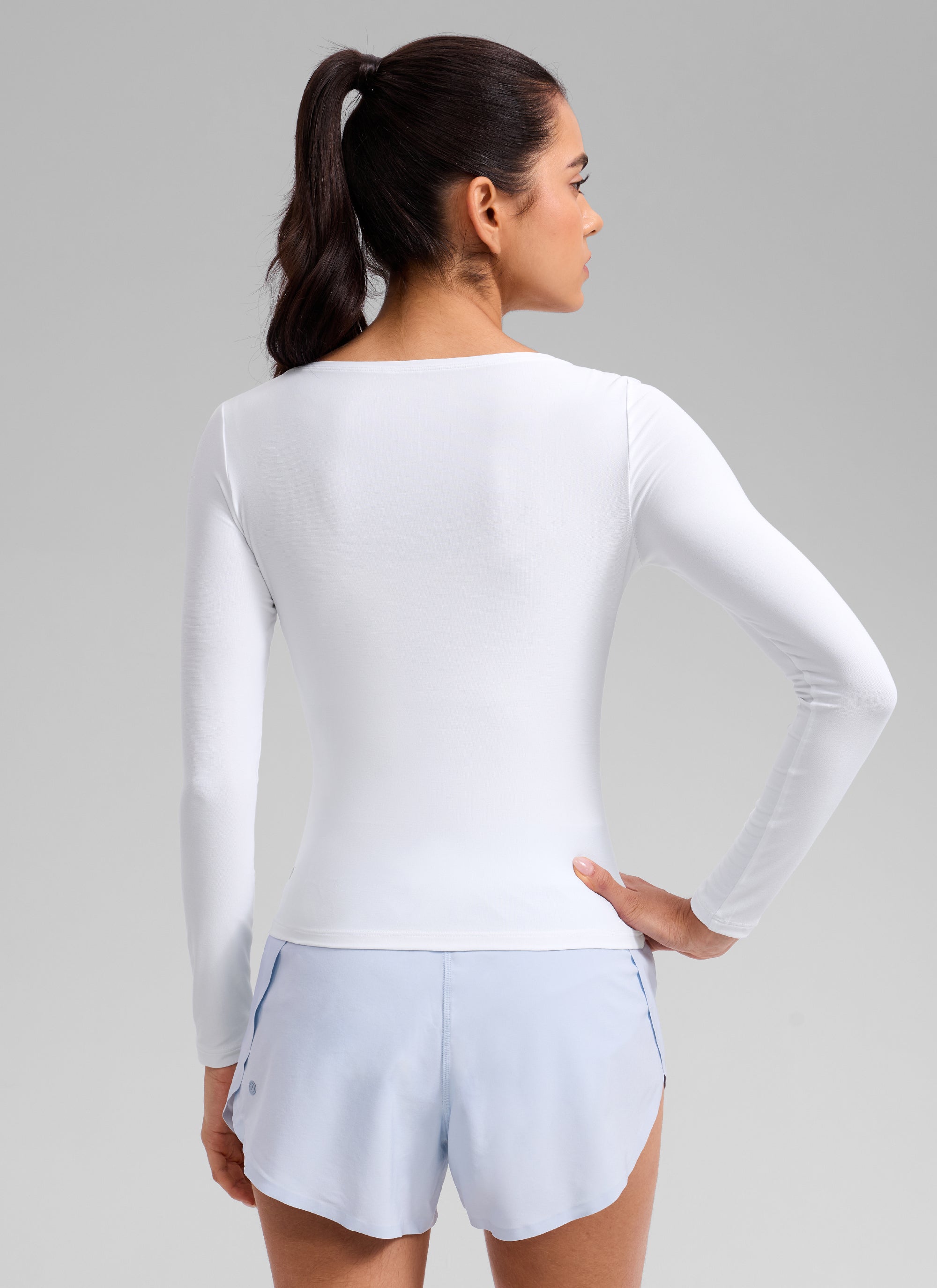 CRZ YOGA Women's Cloudweight Casual Boat Neck Tight Fit Long Sleeve White