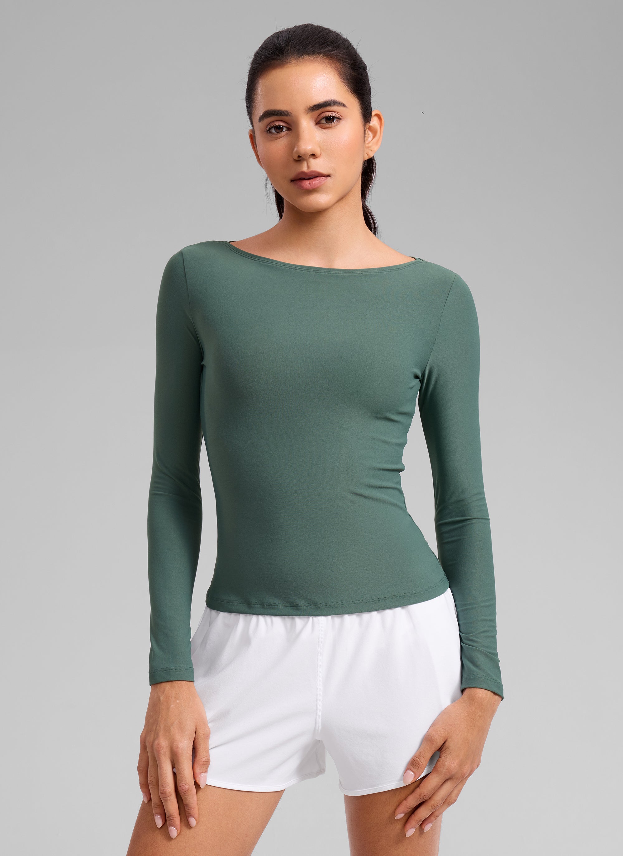 CRZ YOGA Women's Cloudweight Casual Boat Neck Tight Fit Long Sleeve Graphite Green
