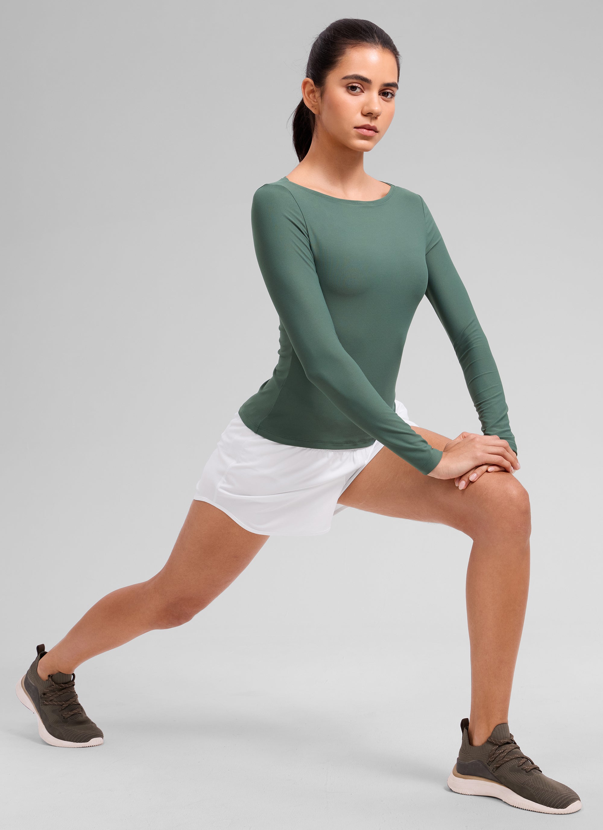 CRZ YOGA Women's Cloudweight Casual Boat Neck Tight Fit Long Sleeve Graphite Green