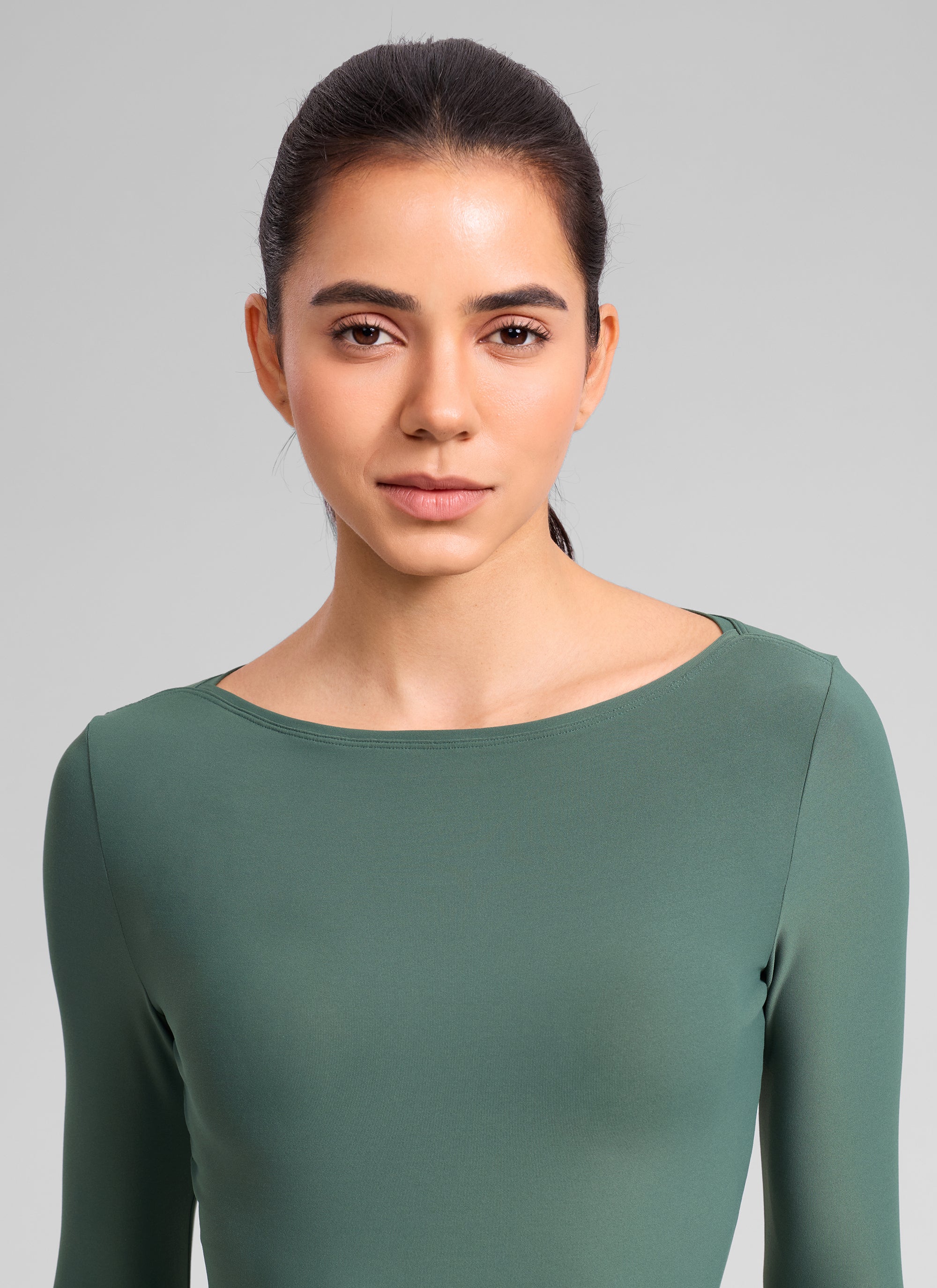 CRZ YOGA Women's Cloudweight Casual Boat Neck Tight Fit Long Sleeve Graphite Green