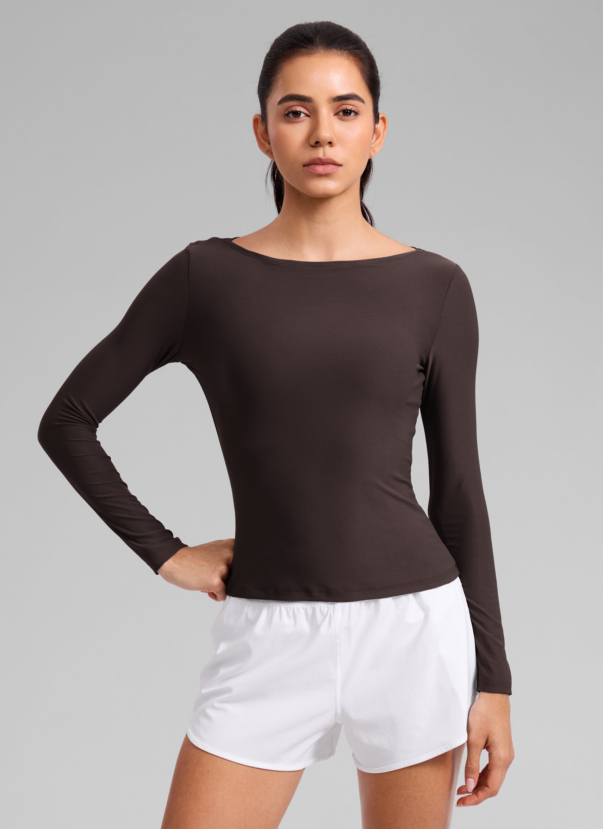 CRZ YOGA Women's Cloudweight Casual Boat Neck Tight Fit Long Sleeve Hot Fudge Brown