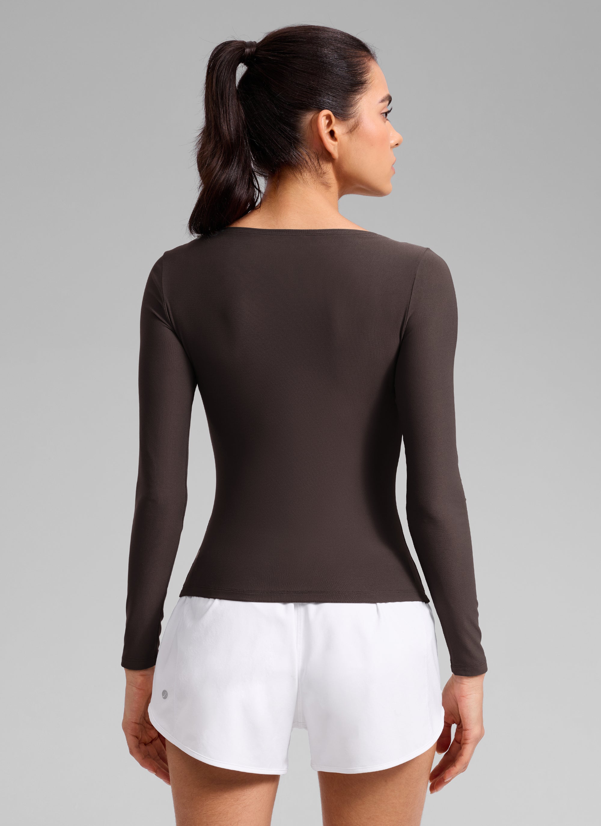 CRZ YOGA Women's Cloudweight Casual Boat Neck Tight Fit Long Sleeve Hot Fudge Brown
