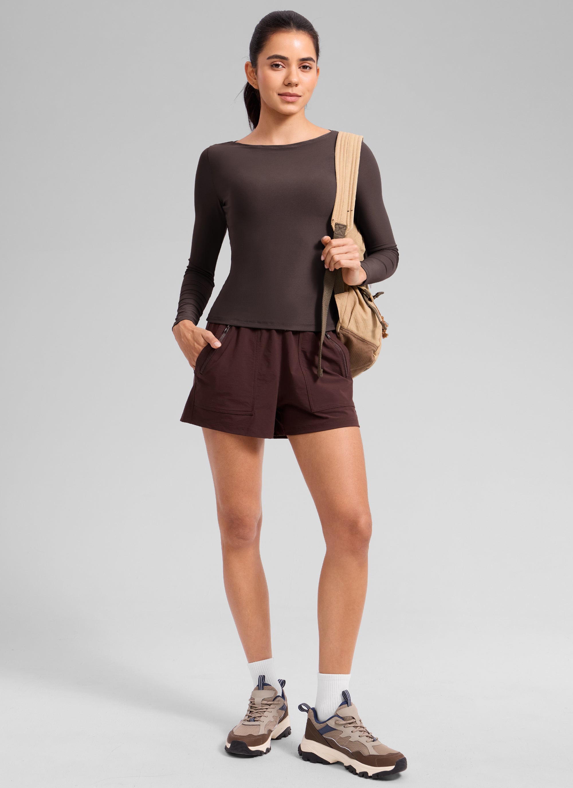 CRZ YOGA Women's Cloudweight Casual Boat Neck Tight Fit Long Sleeve Hot Fudge Brown