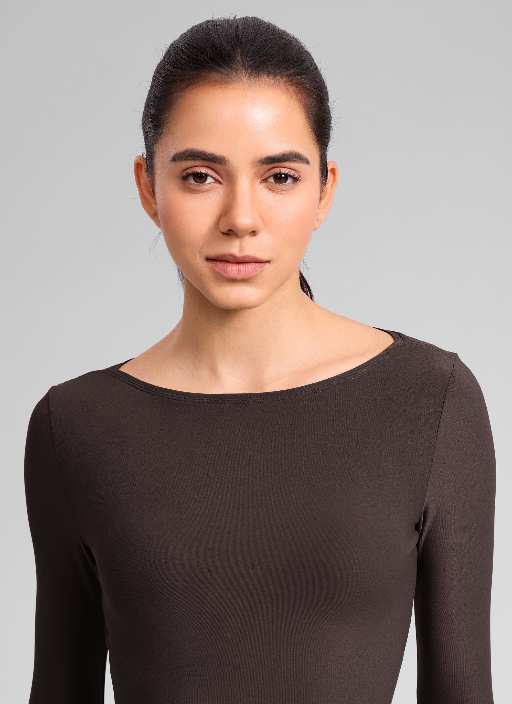 CRZ YOGA Women's Cloudweight Casual Boat Neck Tight Fit Long Sleeve Hot Fudge Brown