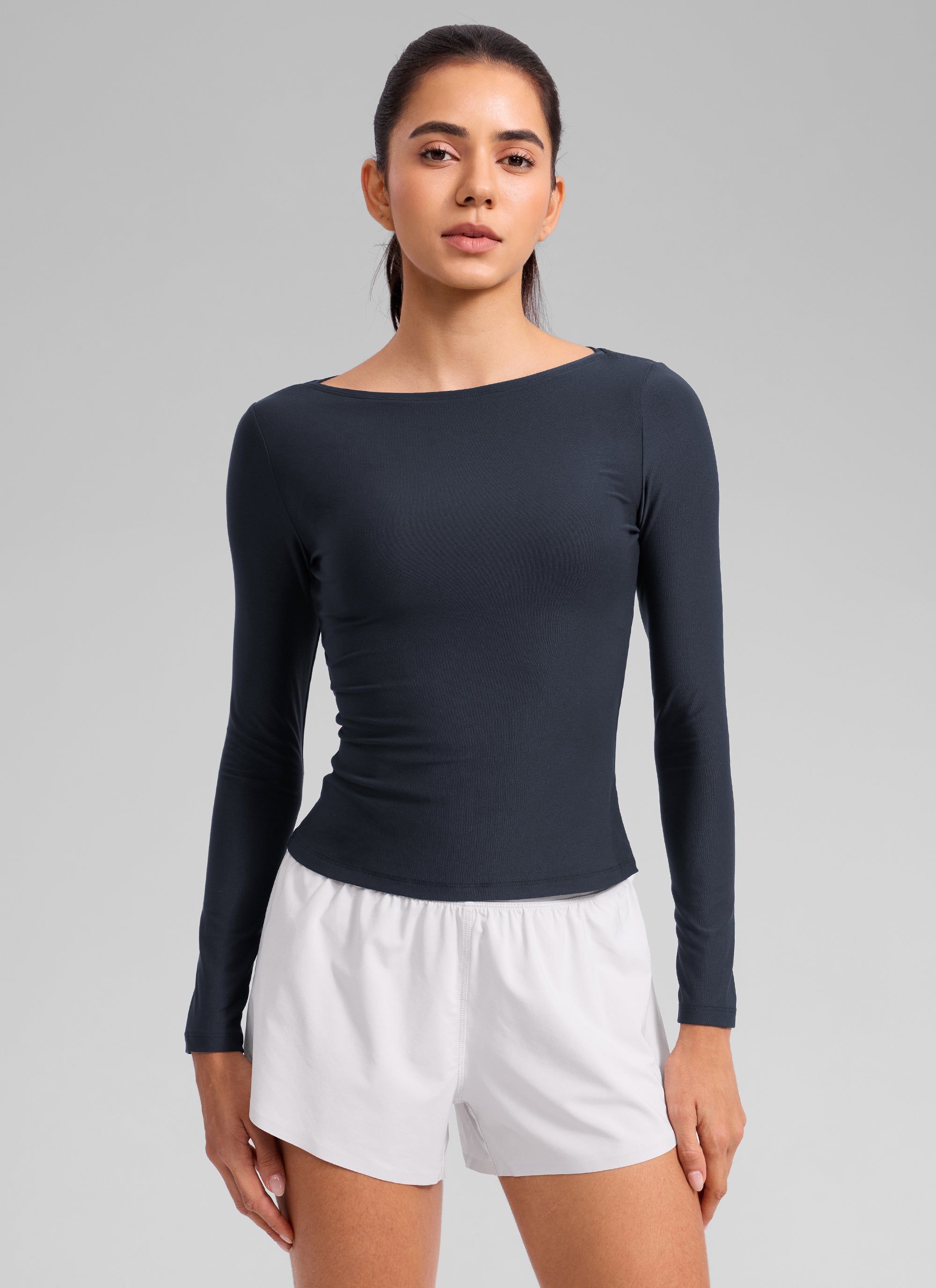 CRZ YOGA Women's Cloudweight Casual Boat Neck Tight Fit Long Sleeve True Navy