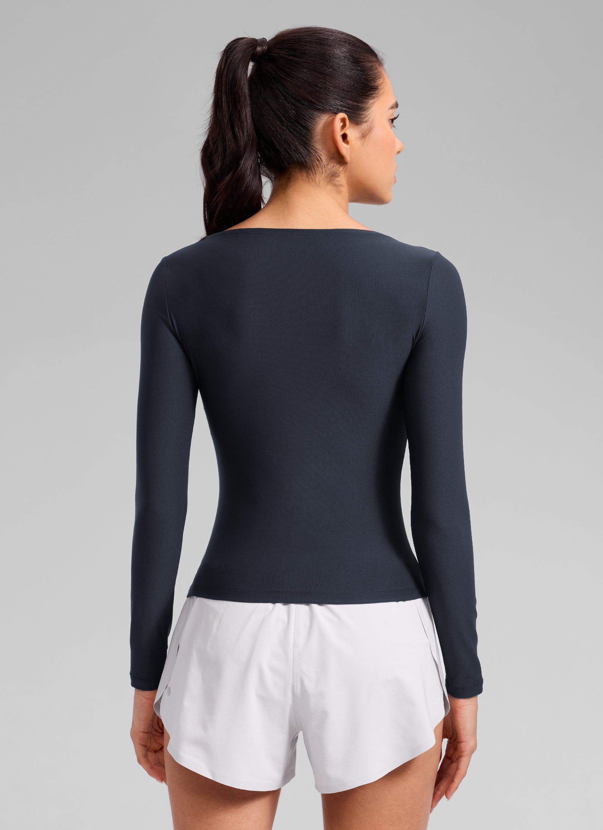 CRZ YOGA Women's Cloudweight Casual Boat Neck Tight Fit Long Sleeve True Navy
