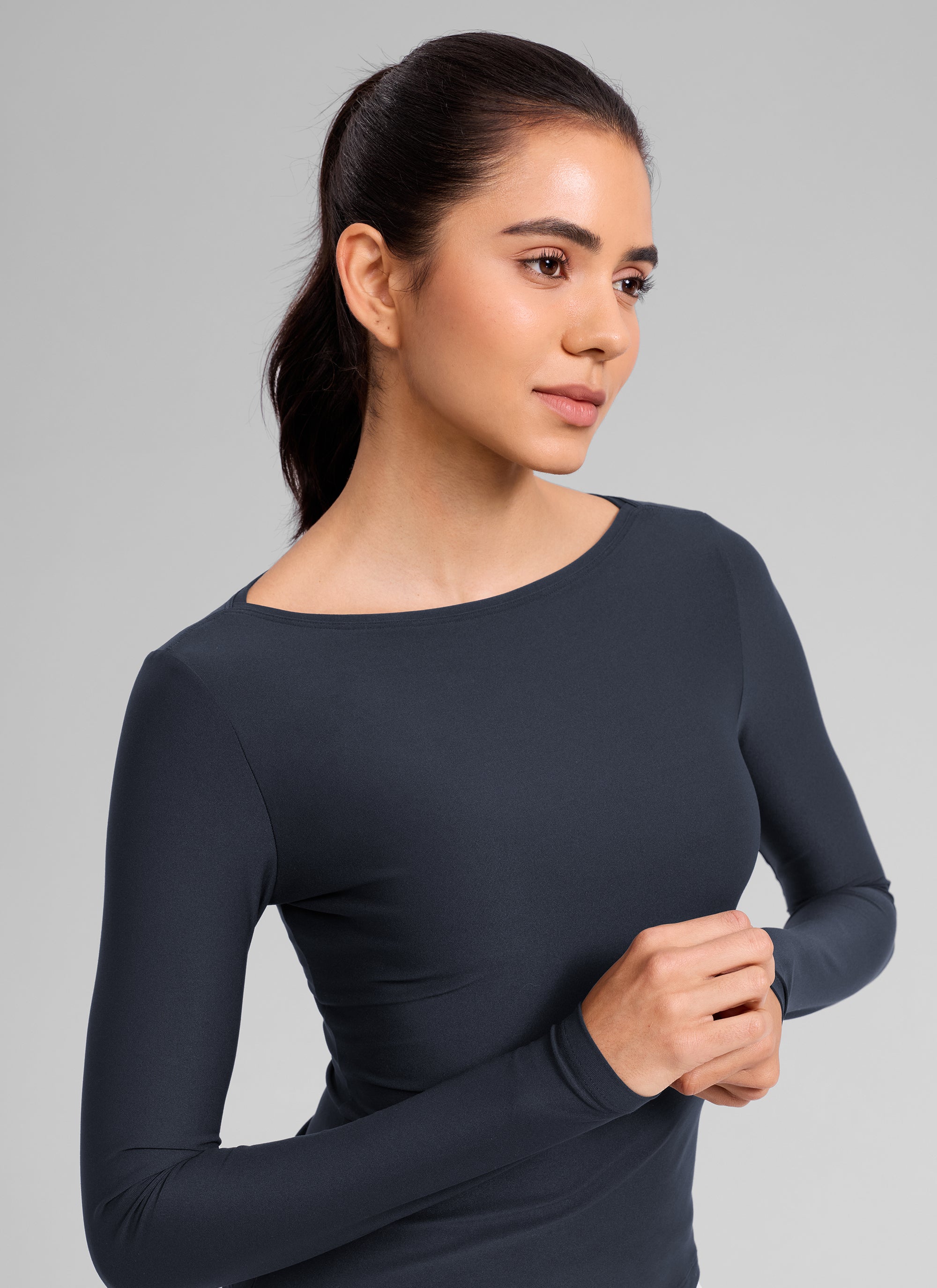 CRZ YOGA Women's Cloudweight Casual Boat Neck Tight Fit Long Sleeve True Navy
