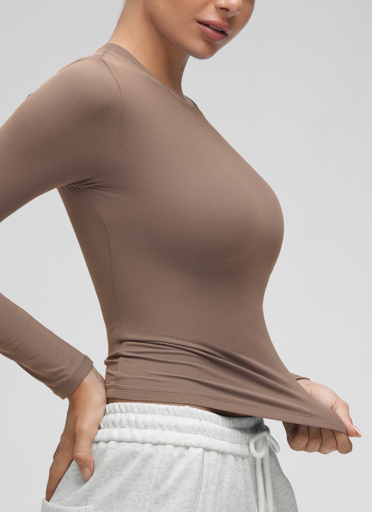 CRZ YOGA Women's Crew Neck Tight Fit Long Sleeve Shirts Casual Tee Green Palm Court