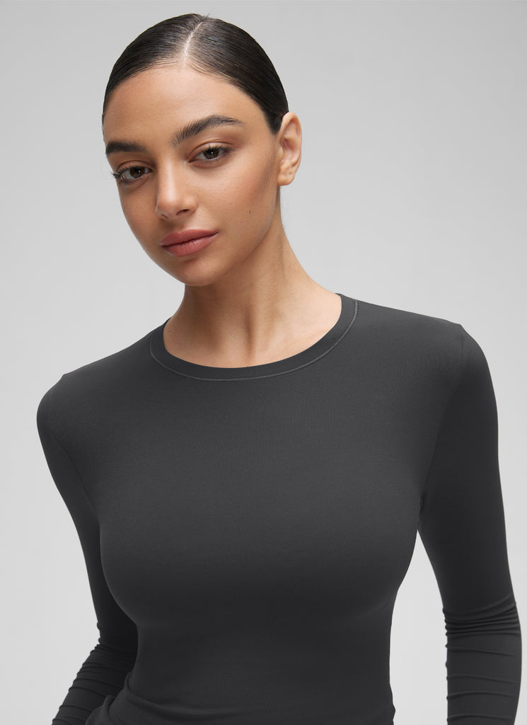 CRZ YOGA Women's Crew Neck Tight Fit Long Sleeve Shirts Casual Tee Mysterious Grey