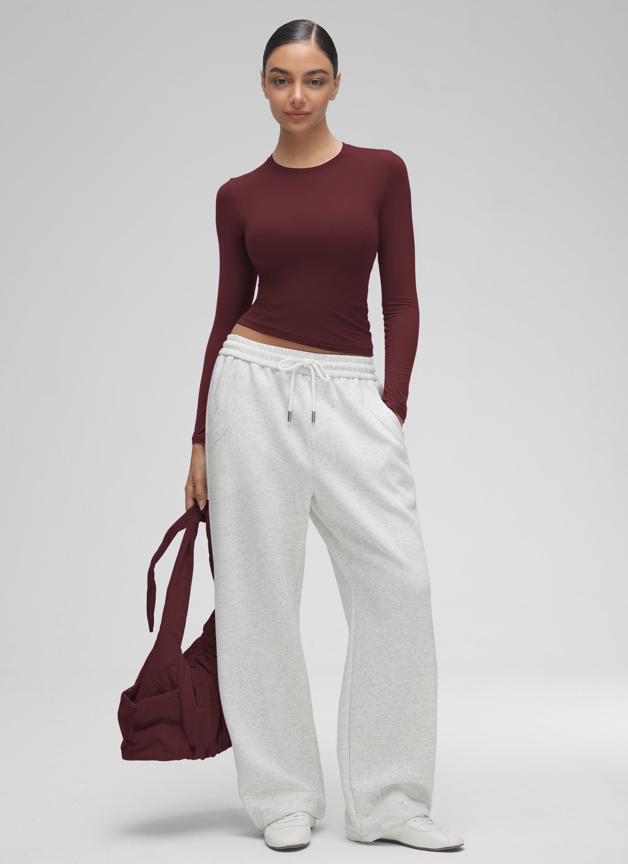 CRZ YOGA Women's Crew Neck Tight Fit Long Sleeve Shirts Casual Tee Red Merlot