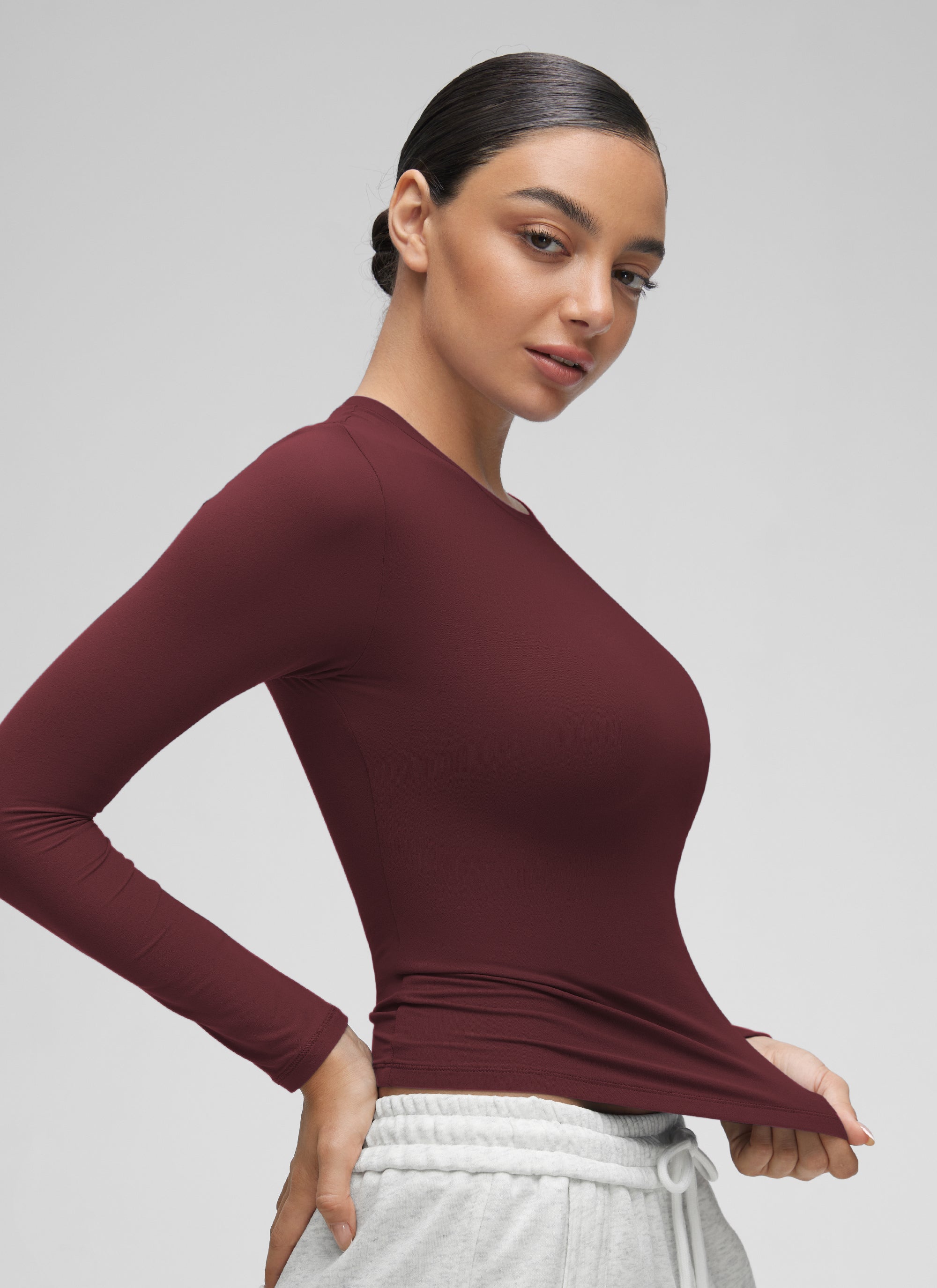 CRZ YOGA Women's Crew Neck Tight Fit Long Sleeve Shirts Casual Tee Red Merlot