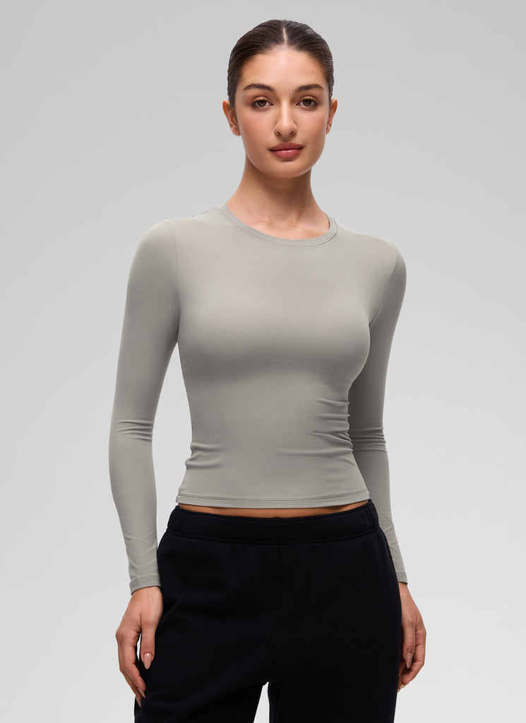 CRZ YOGA Women's Crew Neck Tight Fit Long Sleeve Shirts Casual Tee Red Merlot