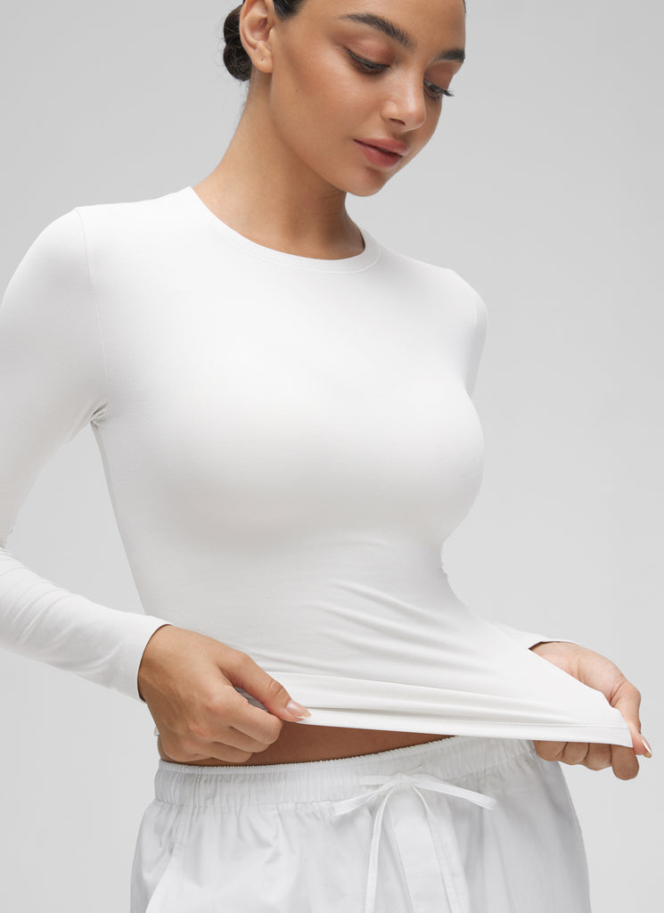 CRZ YOGA Women's Crew Neck Tight Fit Long Sleeve Shirts Casual Tee White