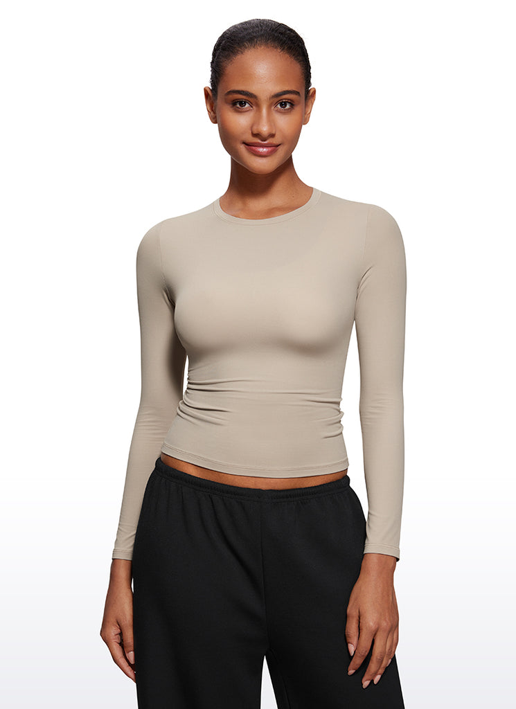 CRZ YOGA Women's Crew Neck Tight Fit Long Sleeve Shirts Casual Tee Milky White