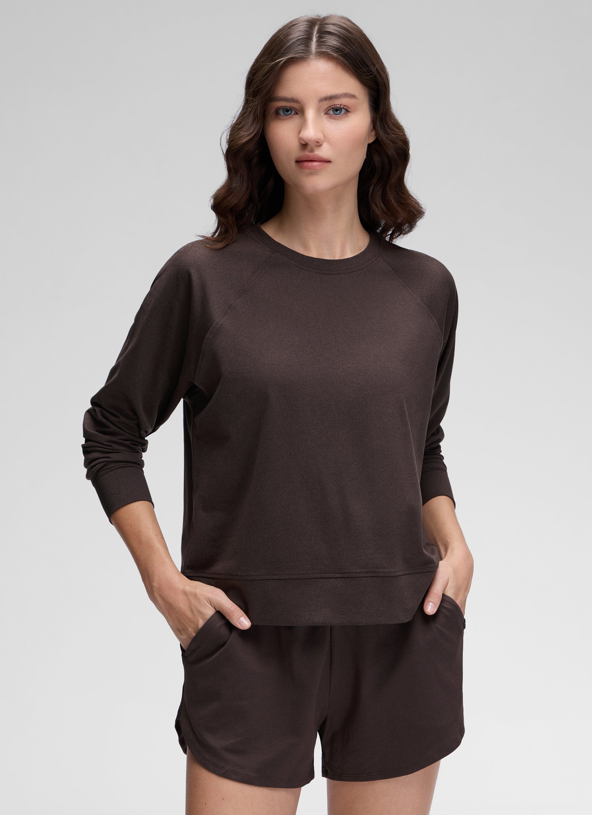 CRZ YOGA Women Casual Lightweight Relaxed Fit Long Sleeves Crew Neck Hot Fudge Brown